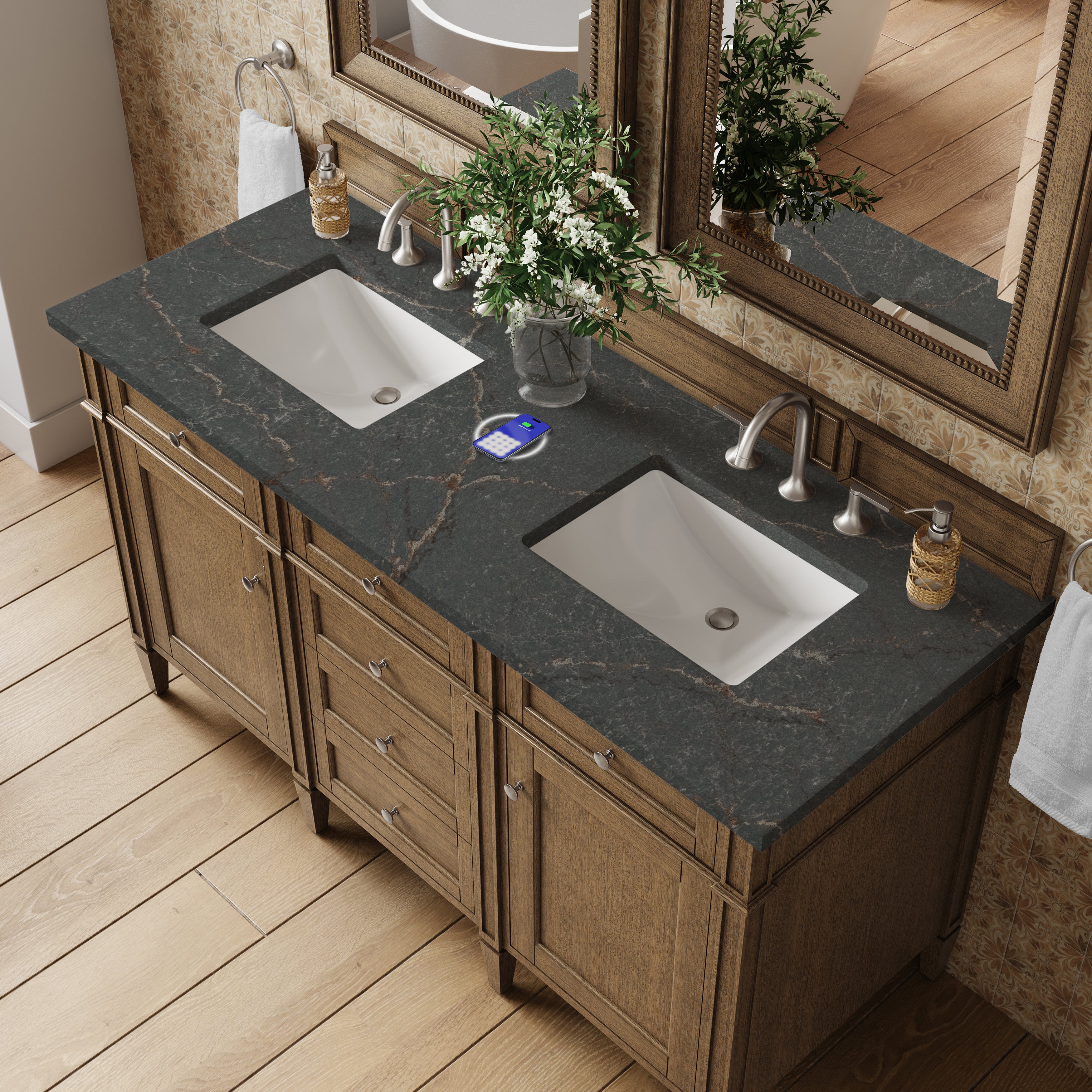 James Martin Brittany 60" Double Vanity in Saddle Brown with 3cm Countertop and FreePower Wireless Charger