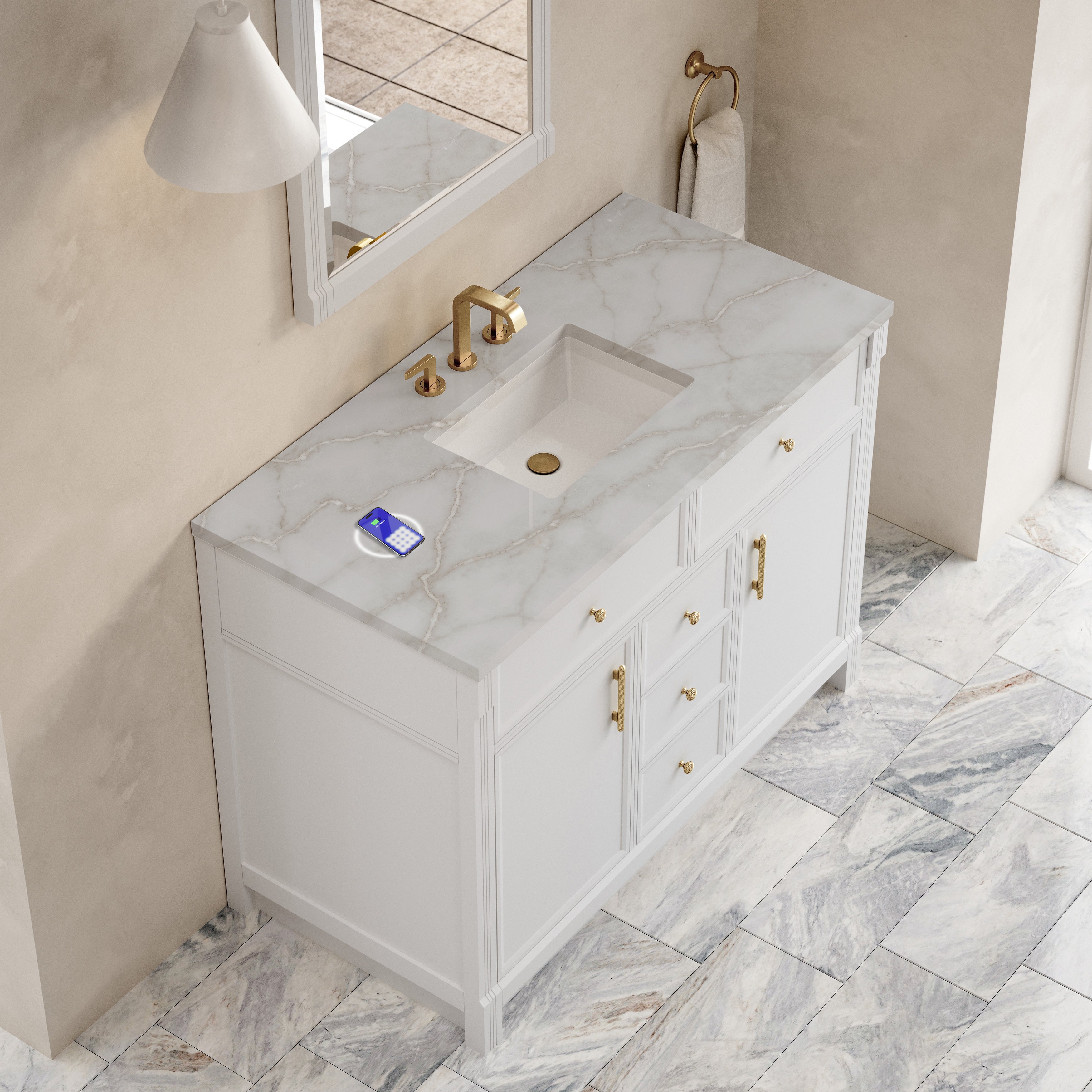 James Martin Bellshire 48" Single Vanity in Bright White with 3cm Countertop and FreePower Wireless Charger