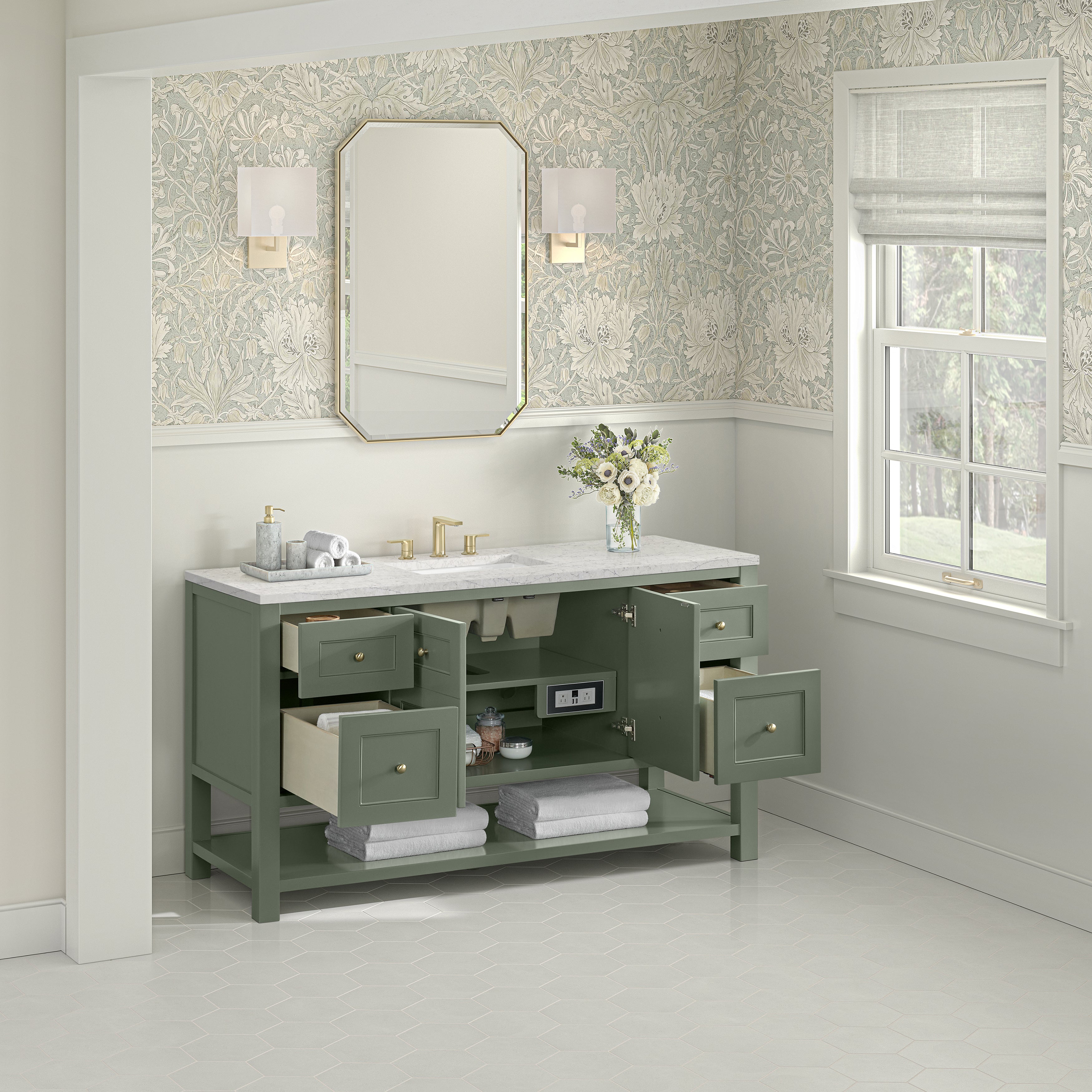 James Martin Breckenridge 60" Single Vanity in Smokey Celadon with 3cm Countertop and FreePower Wireless Charger