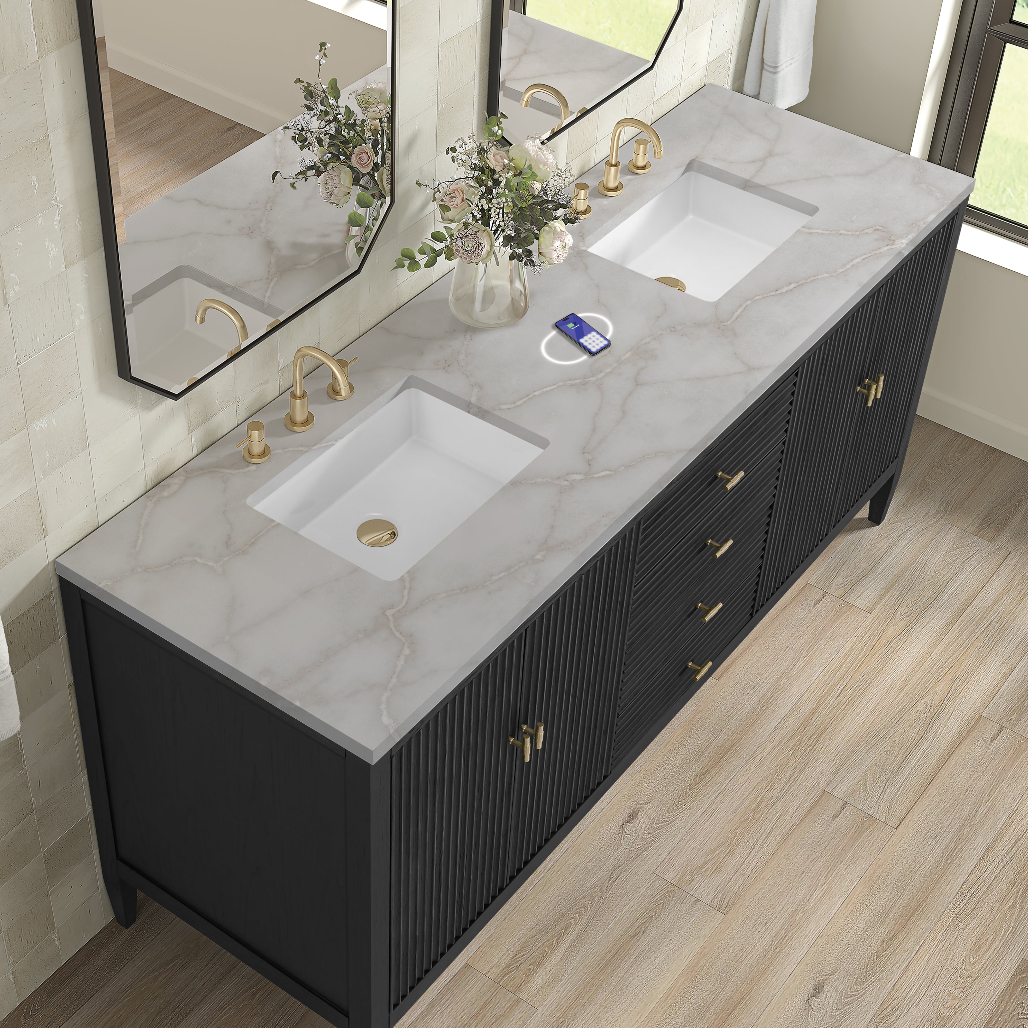 James Martin Myrrin 72" Double Vanity in Carbon Oak with 3cm Countertop and FreePower Wireless Charger