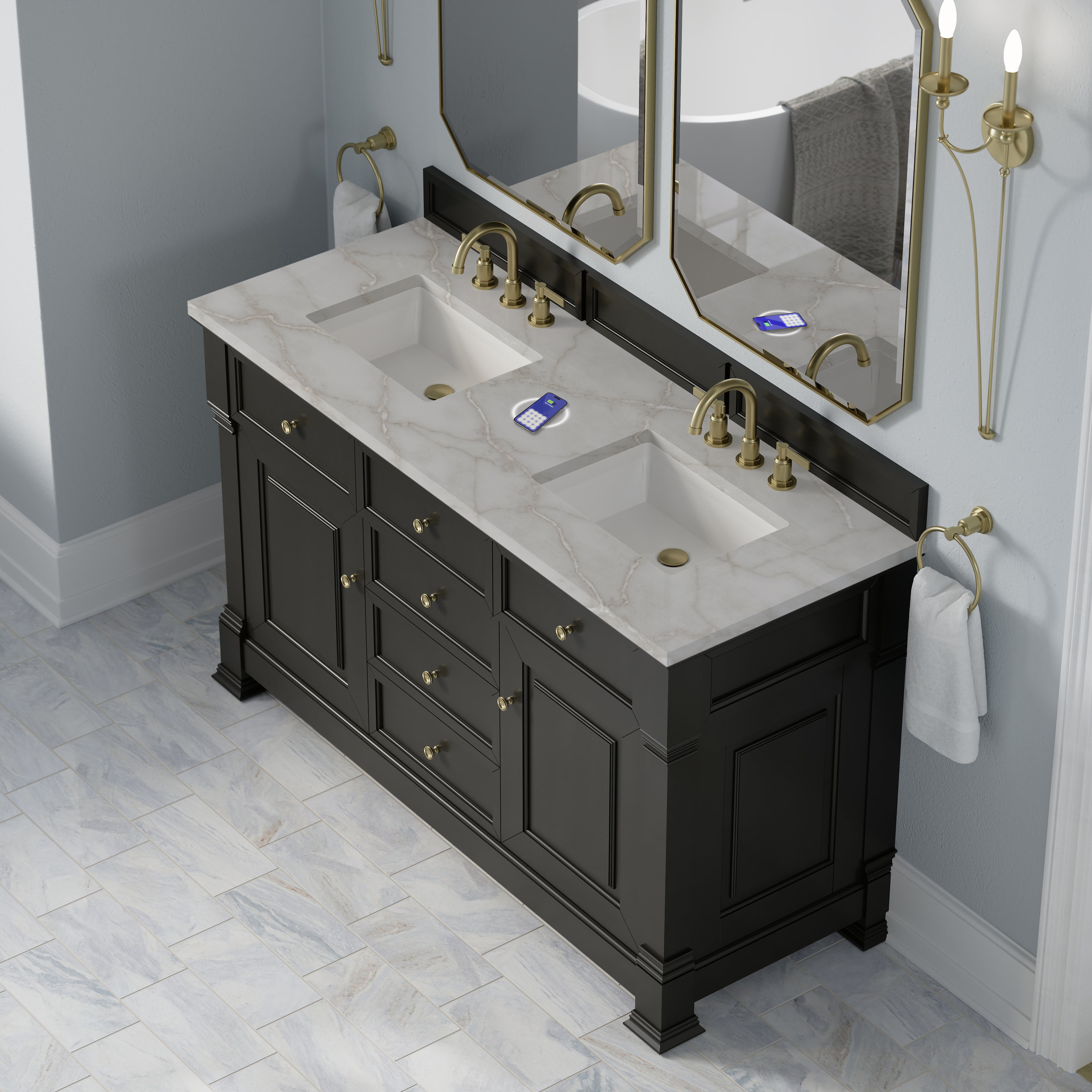 James Martin Brookfield 60" Double Vanity in Black Onyx with 3cm Countertop and FreePower Wireless Charger