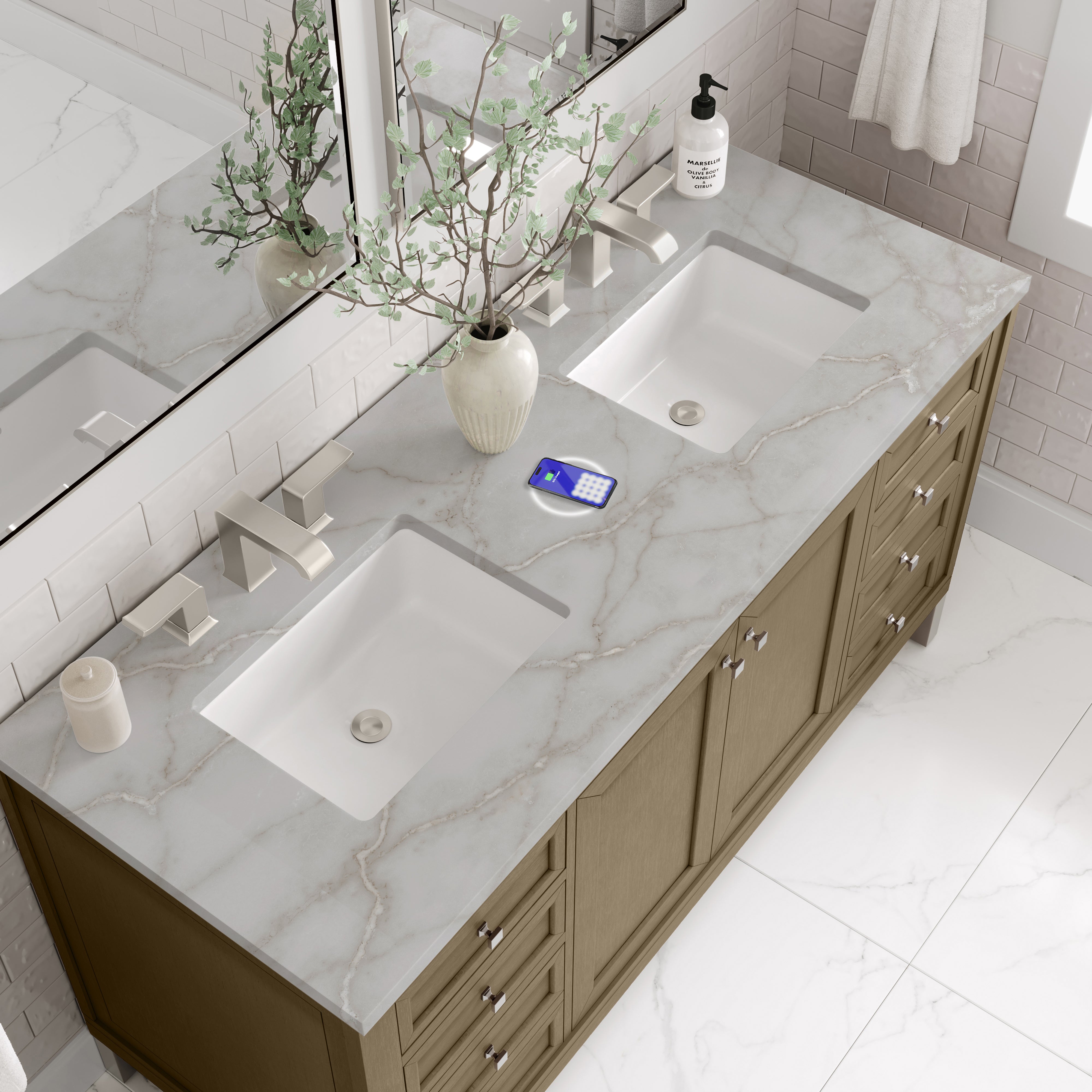James Martin Chicago 60" Double Vanity in Walnut Whisper with 3cm Countertop and FreePower Wireless Charger