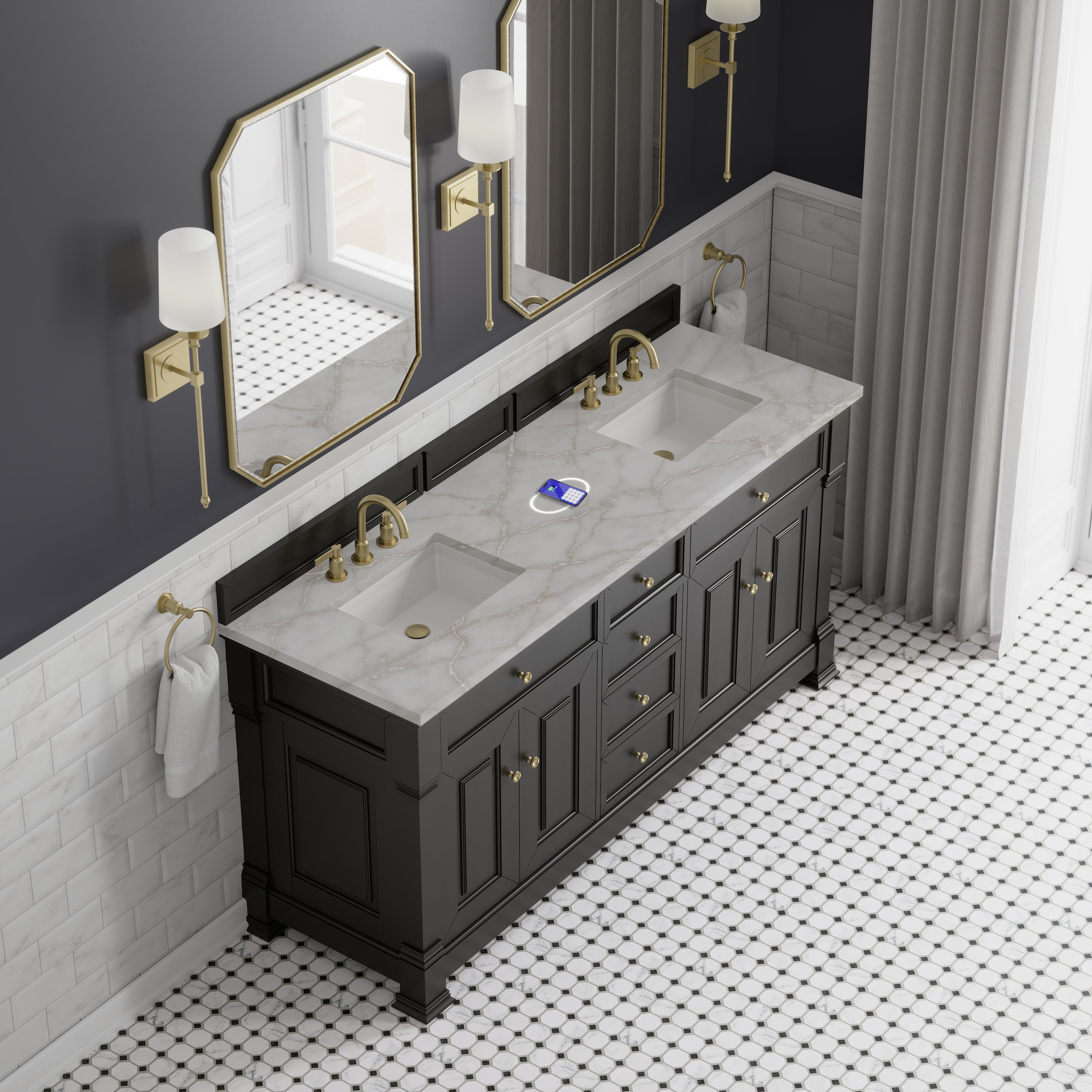 James Martin Brookfield 72" Double Vanity in Black Onyx with 3cm Countertop and FreePower Wireless Charger