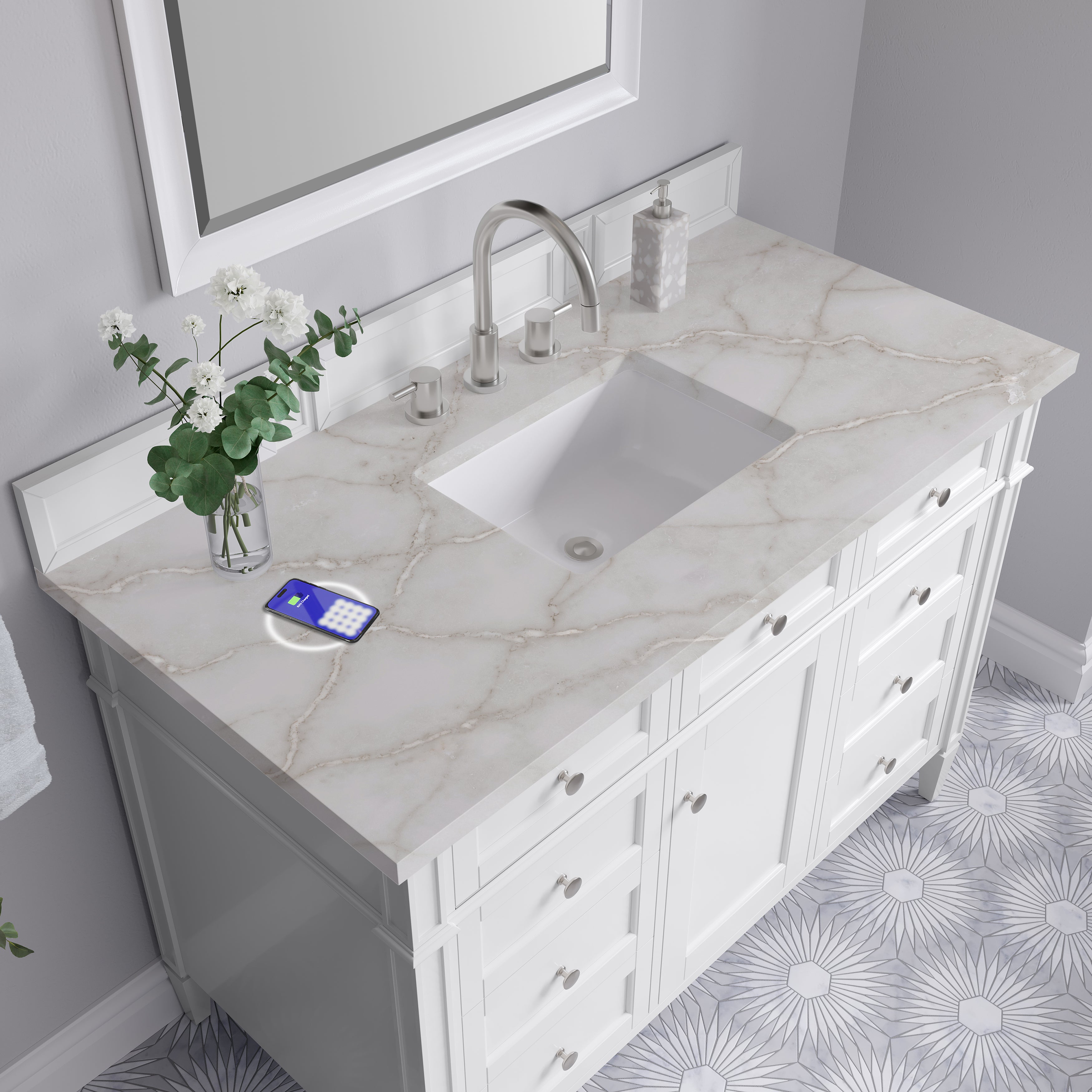 James Martin Brittany 48" Single Vanity in Bright White with 3cm Countertop and FreePower Wireless Charger