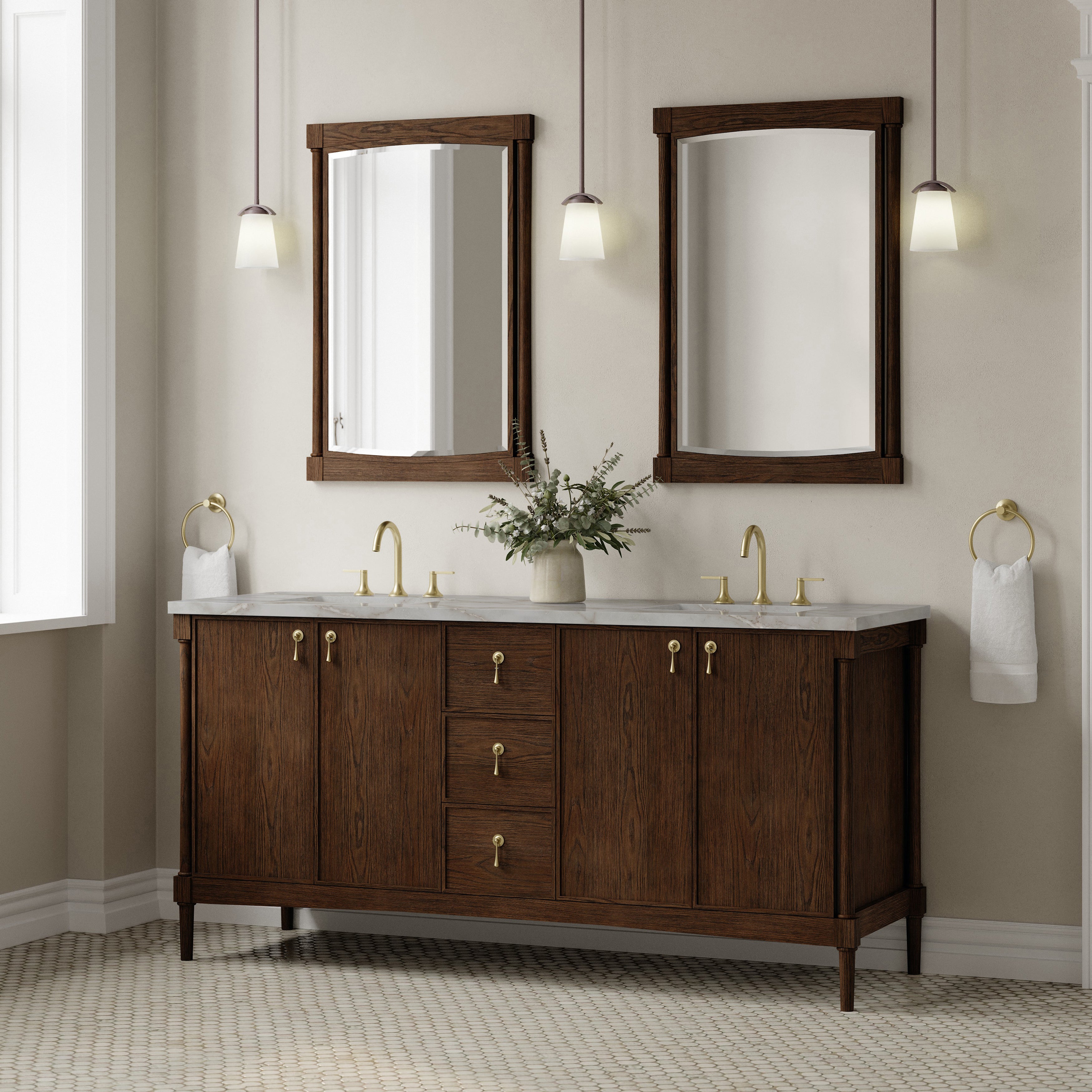 James Martin Kinnsden 72" Double Vanity in Sable Oak with 3cm Carrara Marble Top and FreePower Wireless Charger