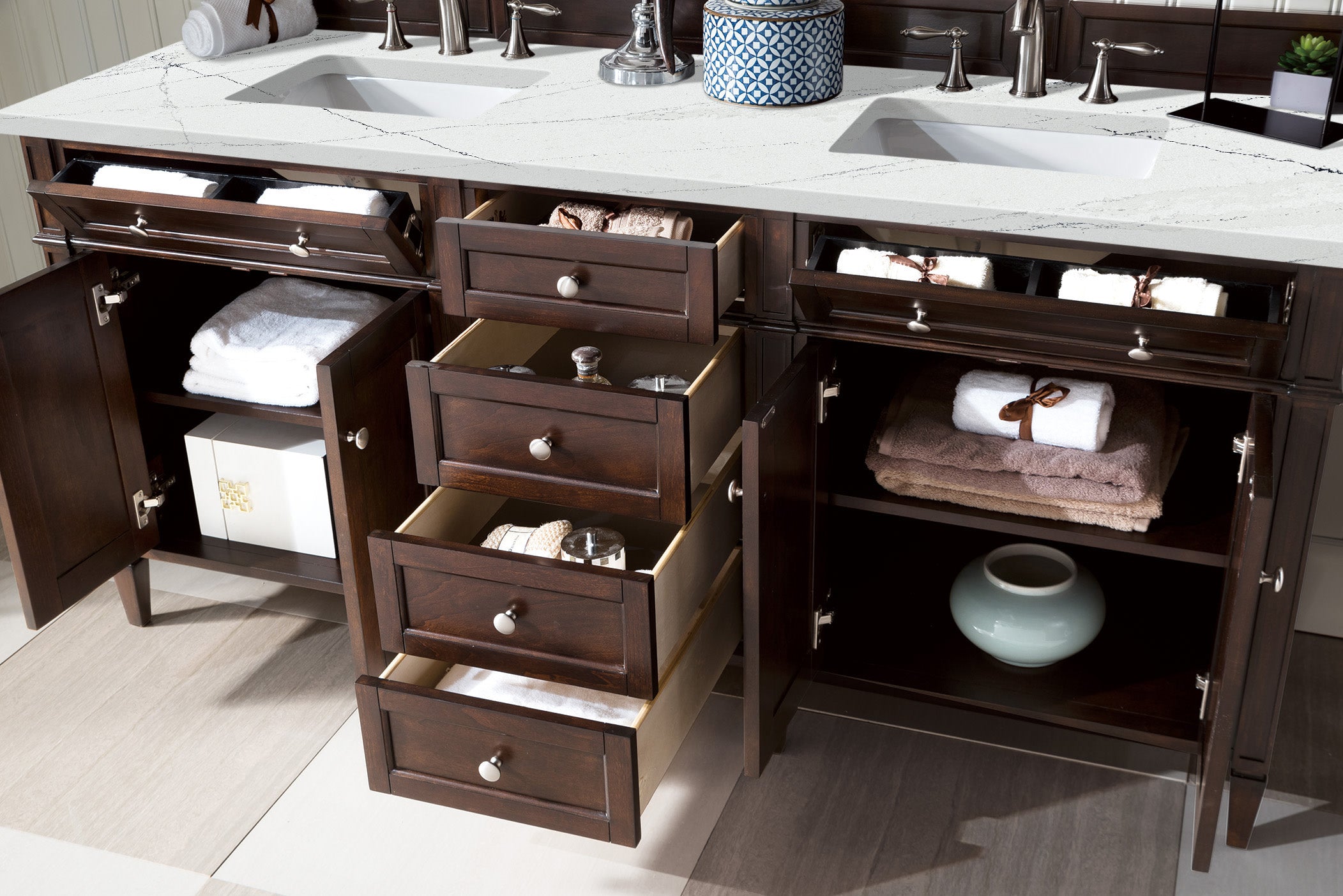 James Martin Brittany 72" Double Vanity in Burnished Mahogany with 3cm Countertop and FreePower Wireless Charger
