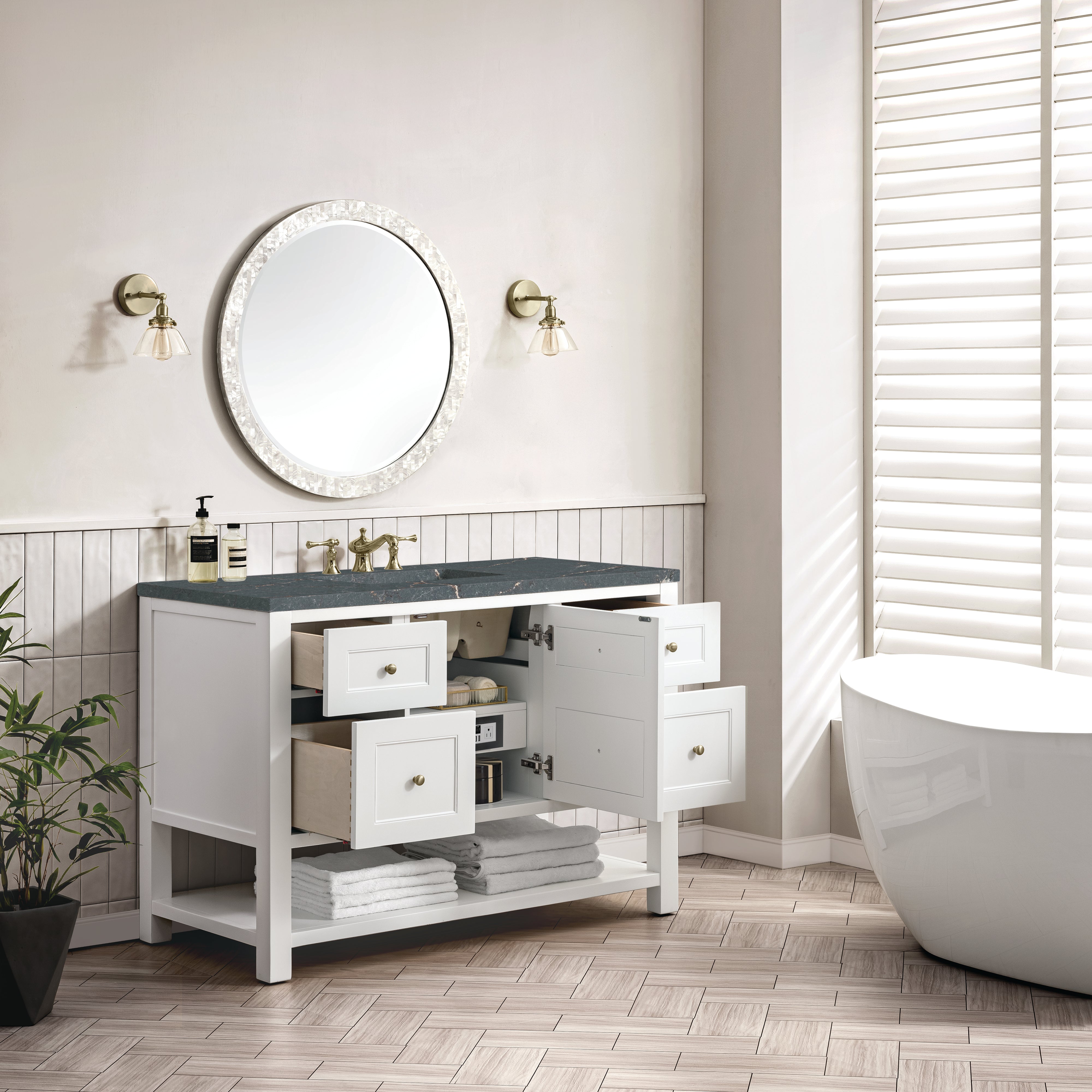 James Martin Breckenridge 48" Single Vanity in Bright White with 3cm Countertop and FreePower Wireless Charger
