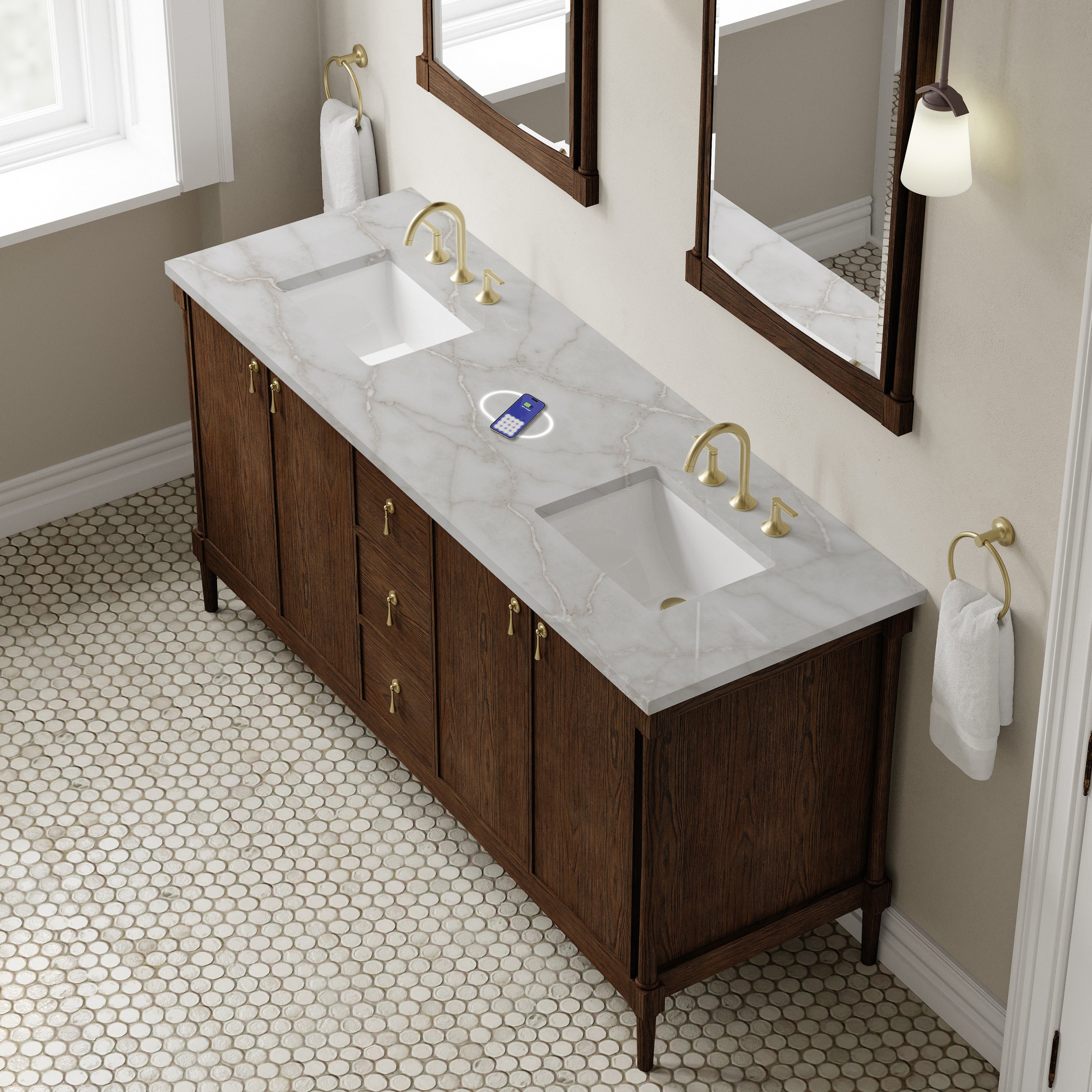 James Martin Kinnsden 72" Double Vanity in Sable Oak with 3cm Carrara Marble Top and FreePower Wireless Charger