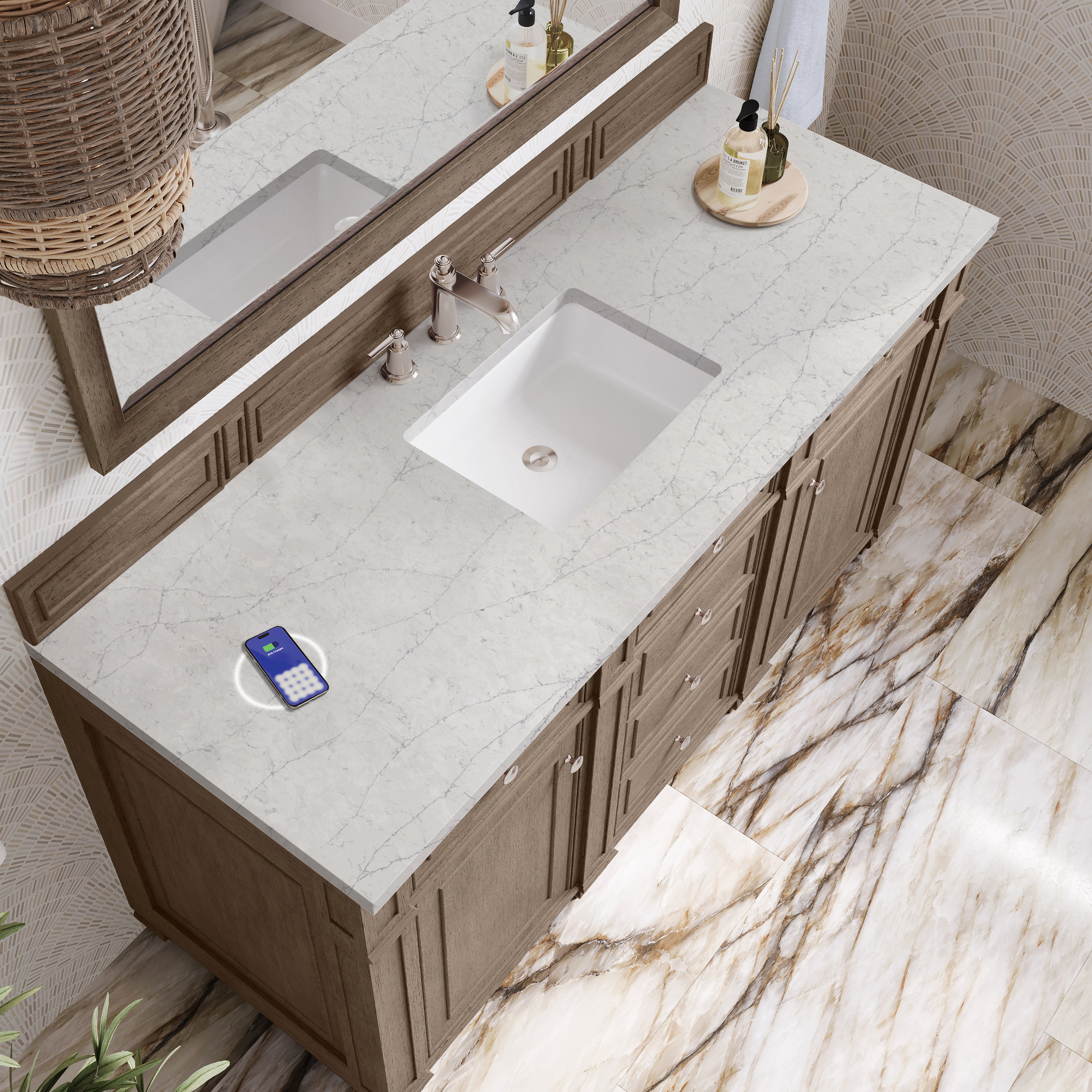 James Martin Bristol 60" Single Vanity in Whitewashed Walnut with 3cm Countertop and FreePower Wireless Charger