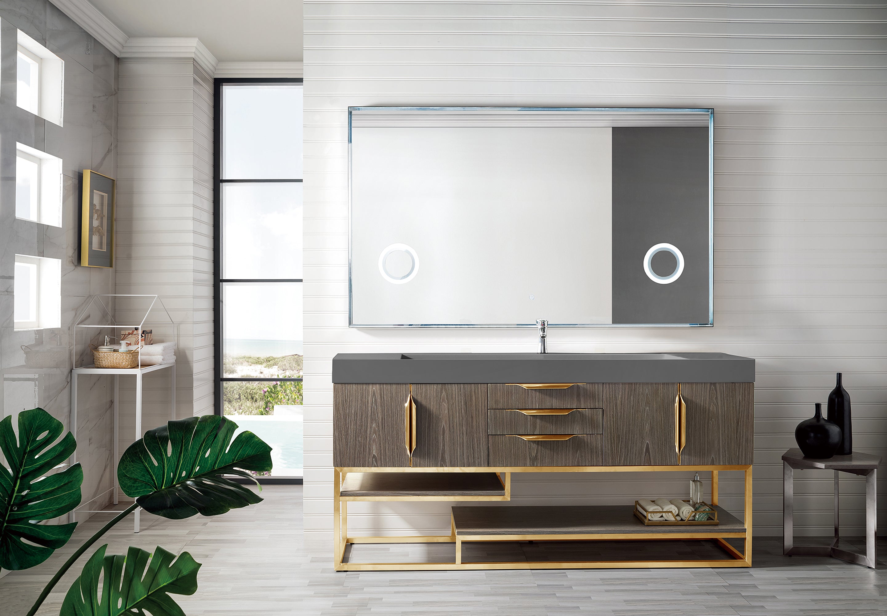 James Martin Columbia 72" Single Vanity in Ash Gray, Radiant Gold with Dusk Grey Glossy Composite Stone Top