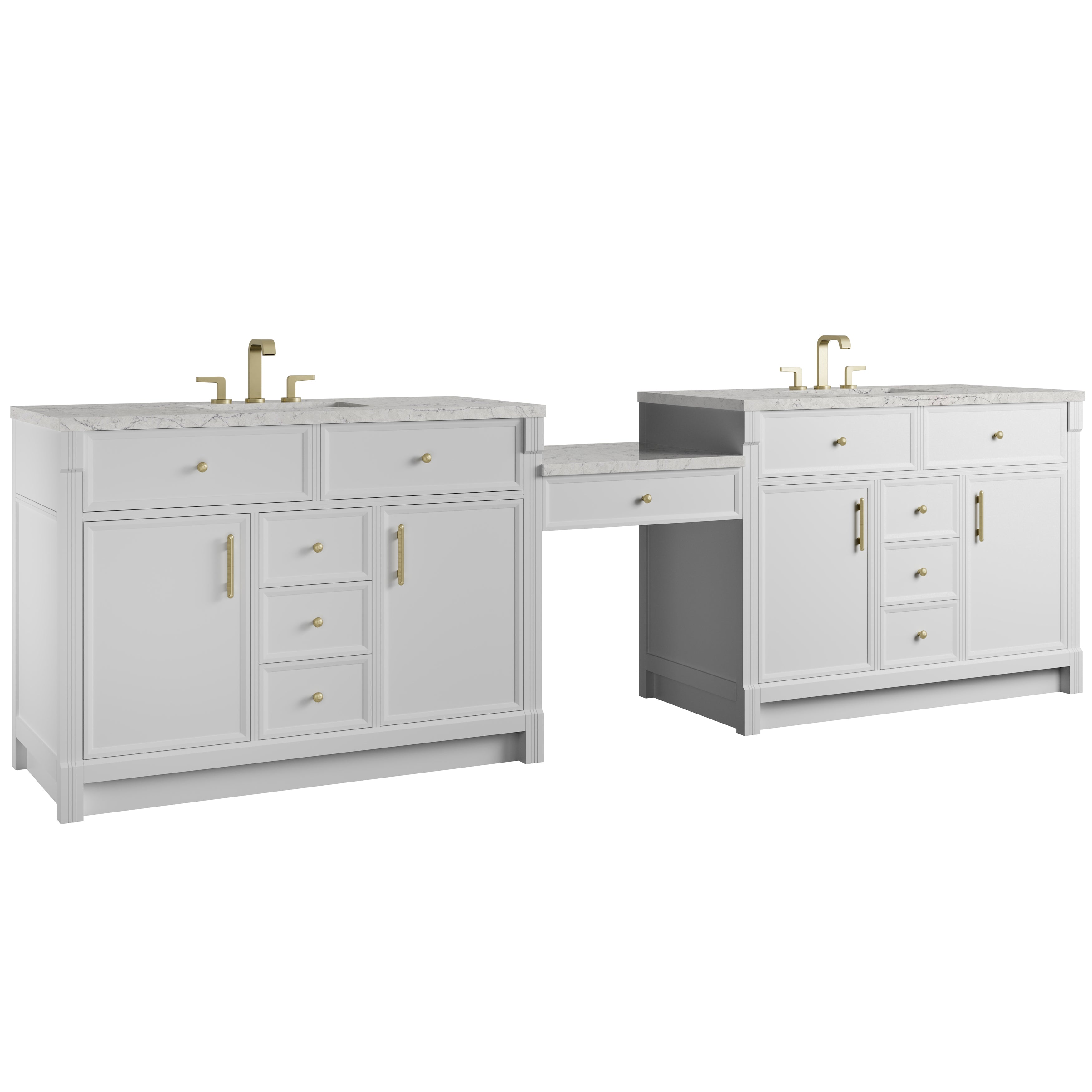 James Martin Bellshire 120" Dual Vanity Set with 24" Make-Up Counter in Bright White with 3cm Countertop and FreePower Wireless Charger