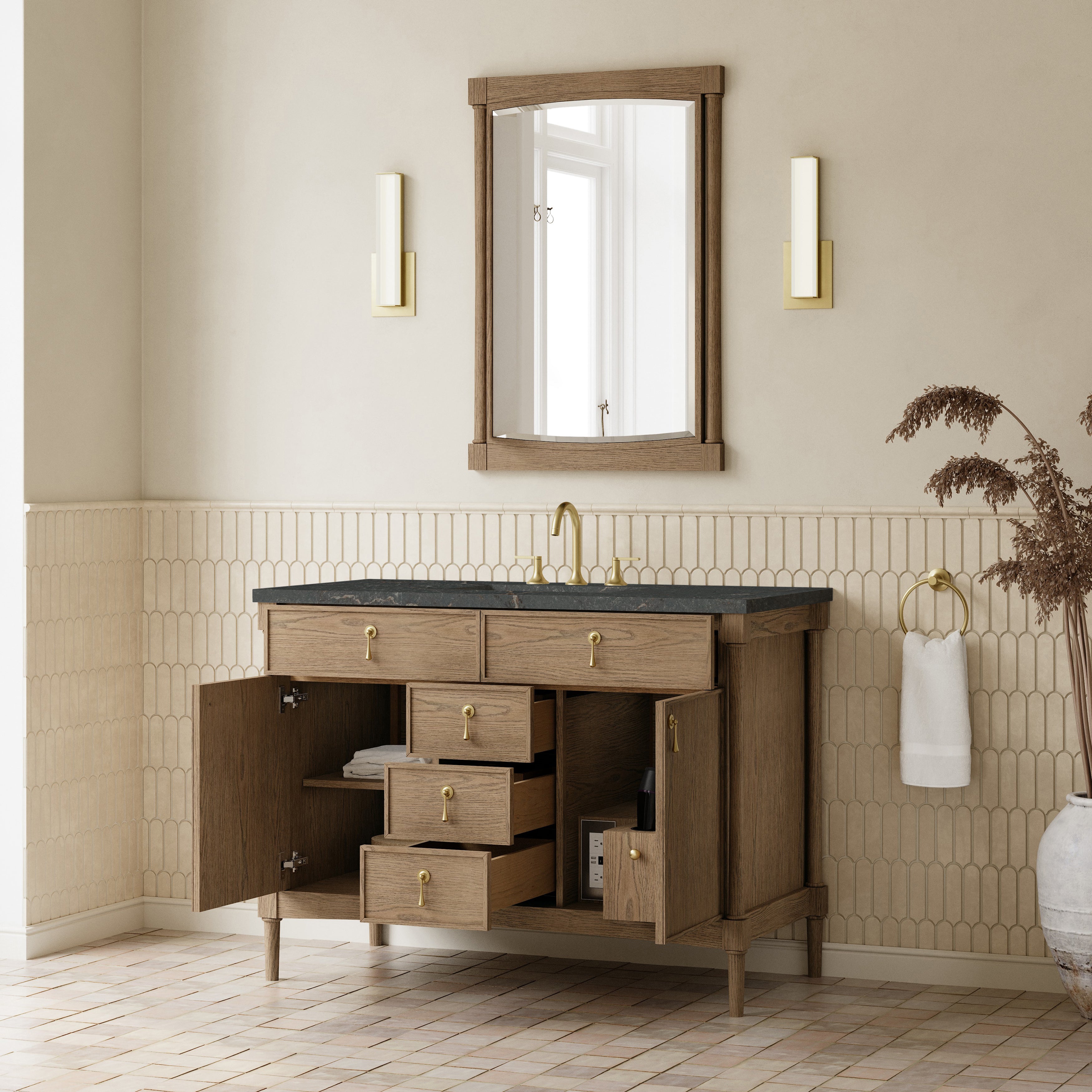 James Martin Kinnsden 48" Single Vanity in Weathered Oak with 3cm Countertop and FreePower Wireless Charger