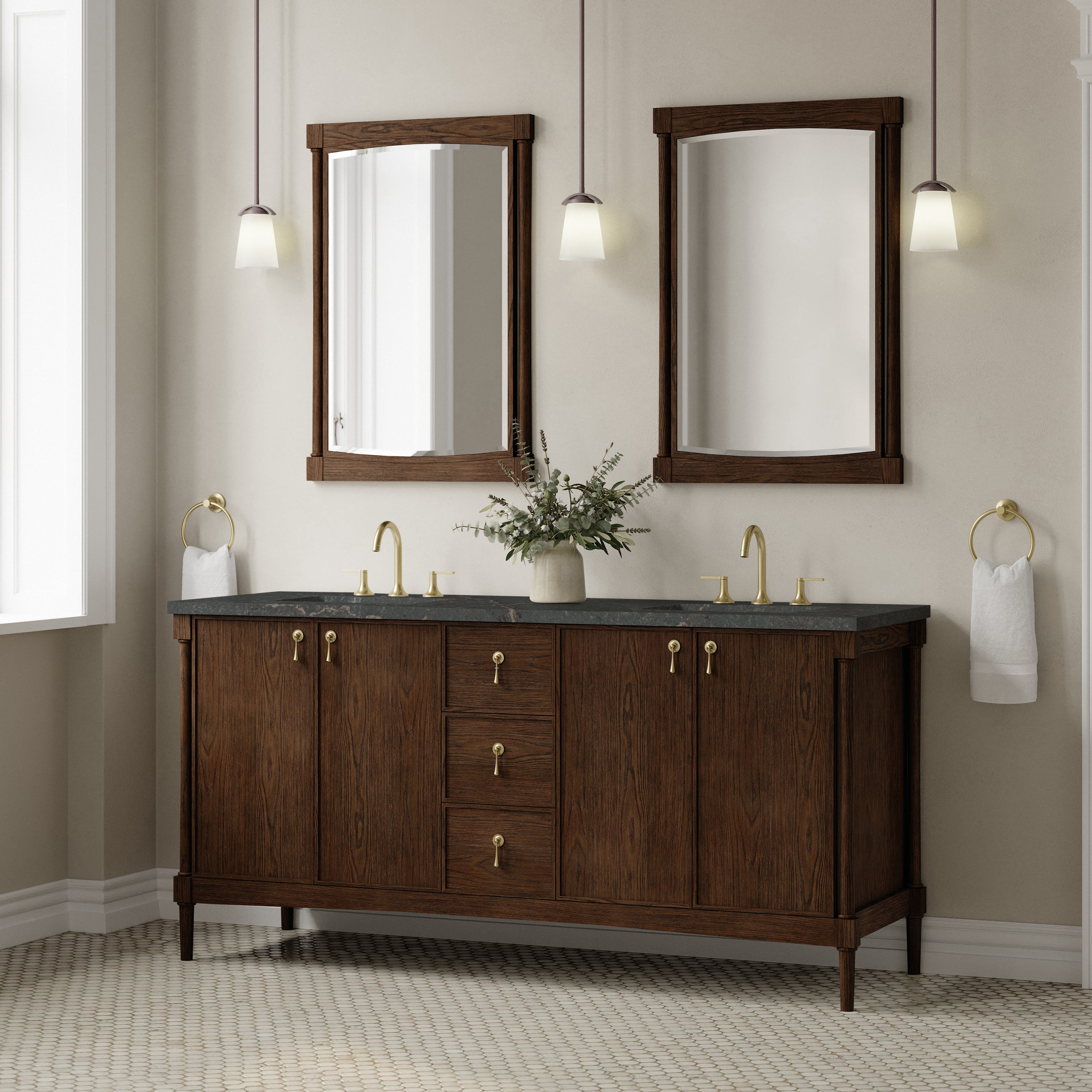 James Martin Kinnsden 72" Double Vanity in Sable Oak with 3cm Carrara Marble Top