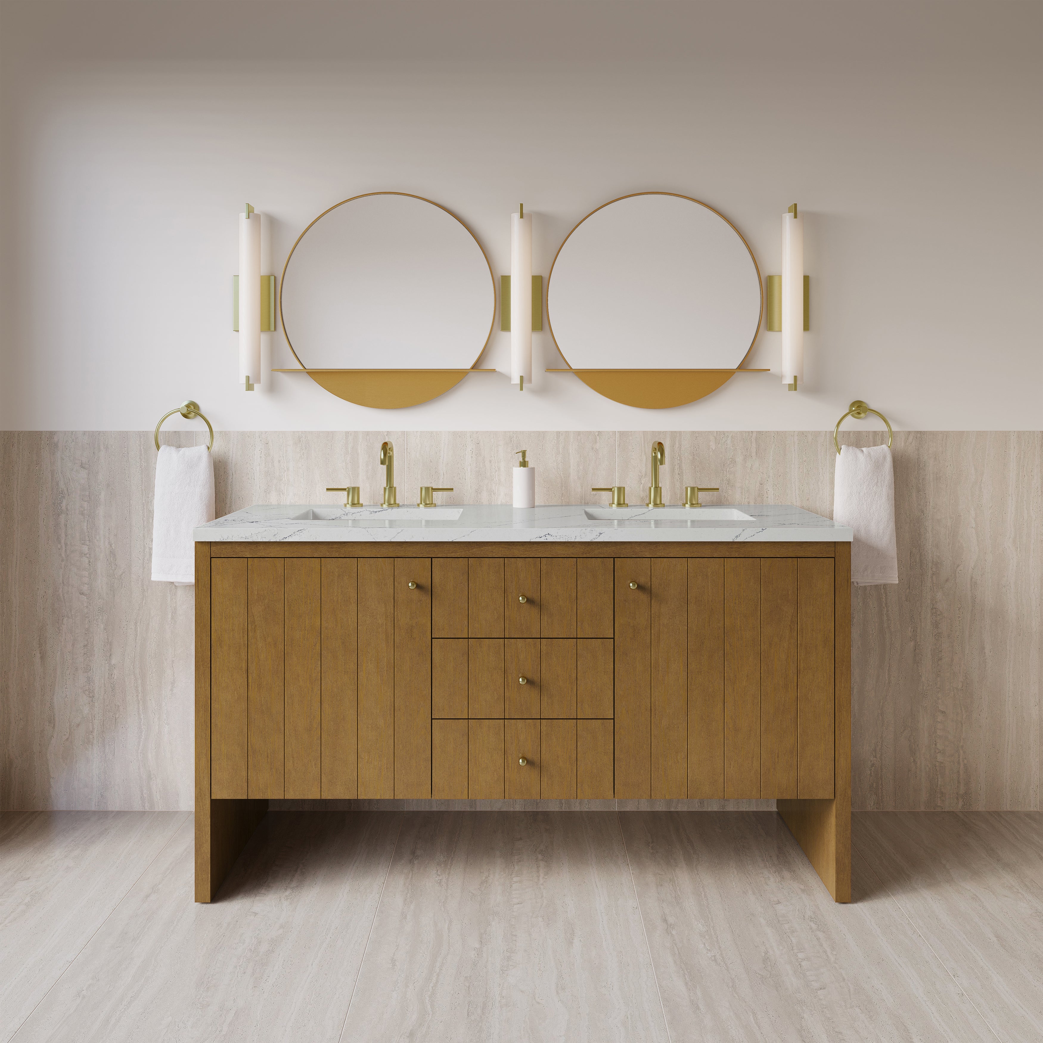James Martin Hudson 60" Double Vanity in Honey Oak with 3cm Countertop and FreePower Wireless Charger