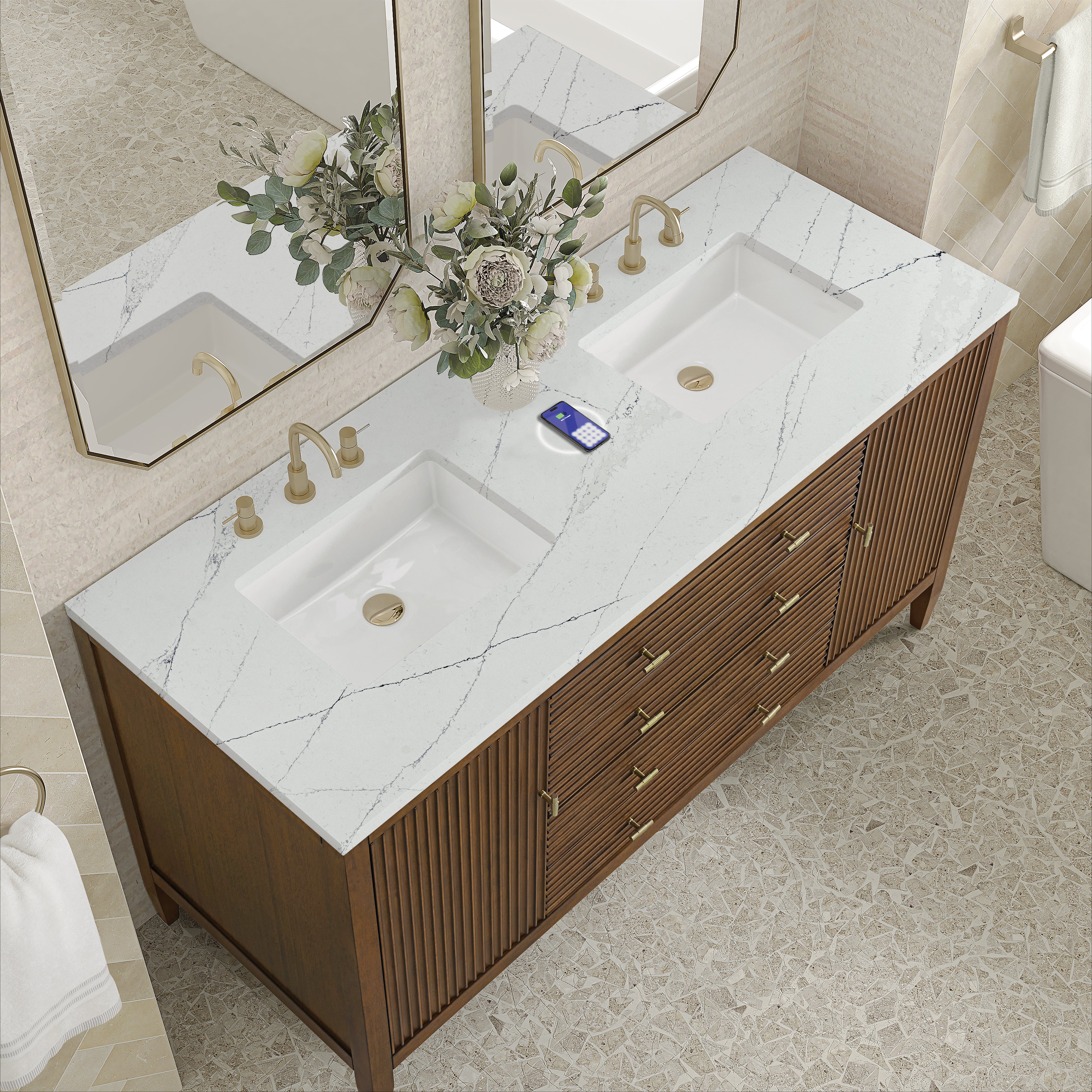 James Martin Myrrin 60" Double Vanity in Mid Century Walnut with 3cm Countertop and FreePower Wireless Charger