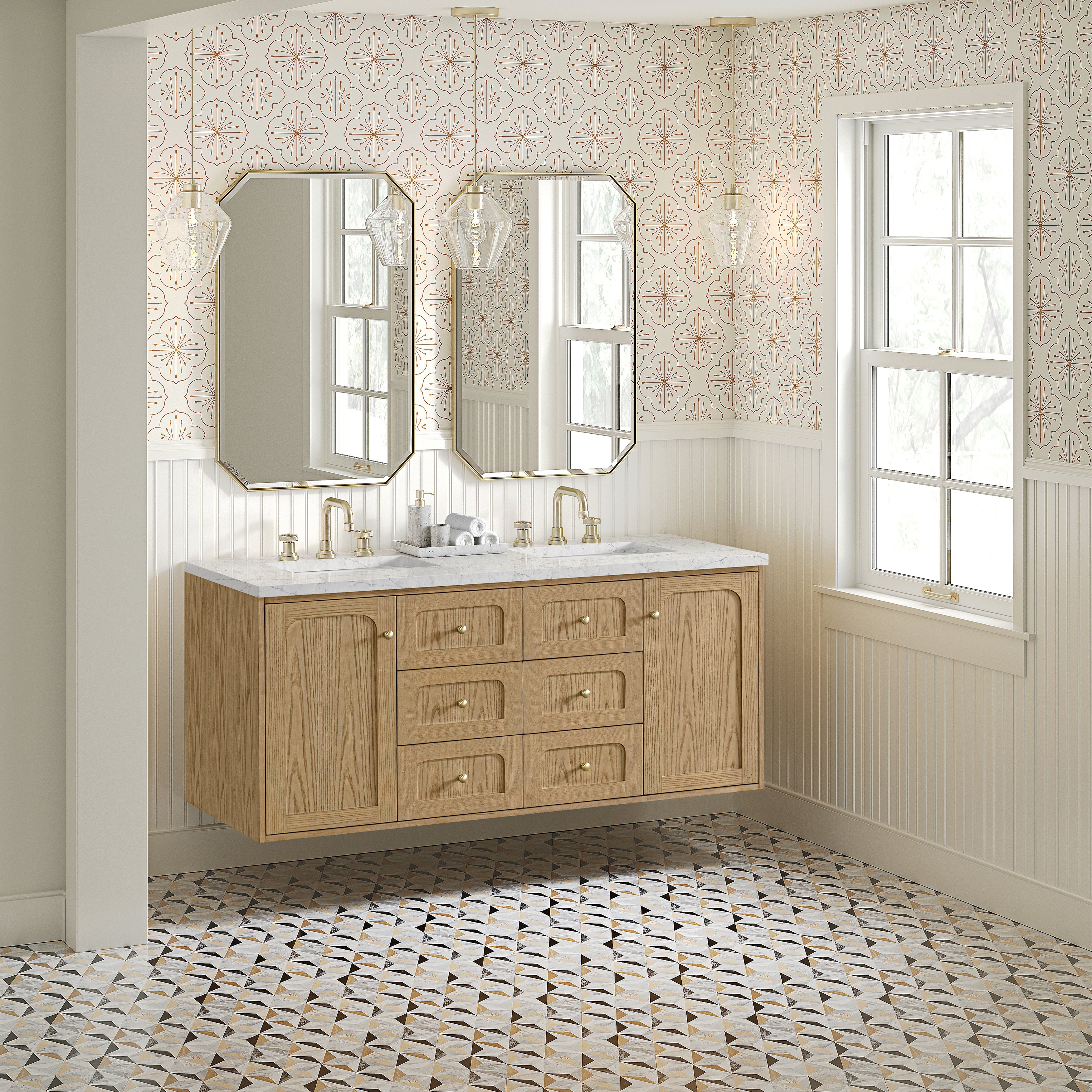 James Martin Laurent 60" Double Vanity in Light Natural Oak with 3cm Countertop and FreePower Wireless Charger