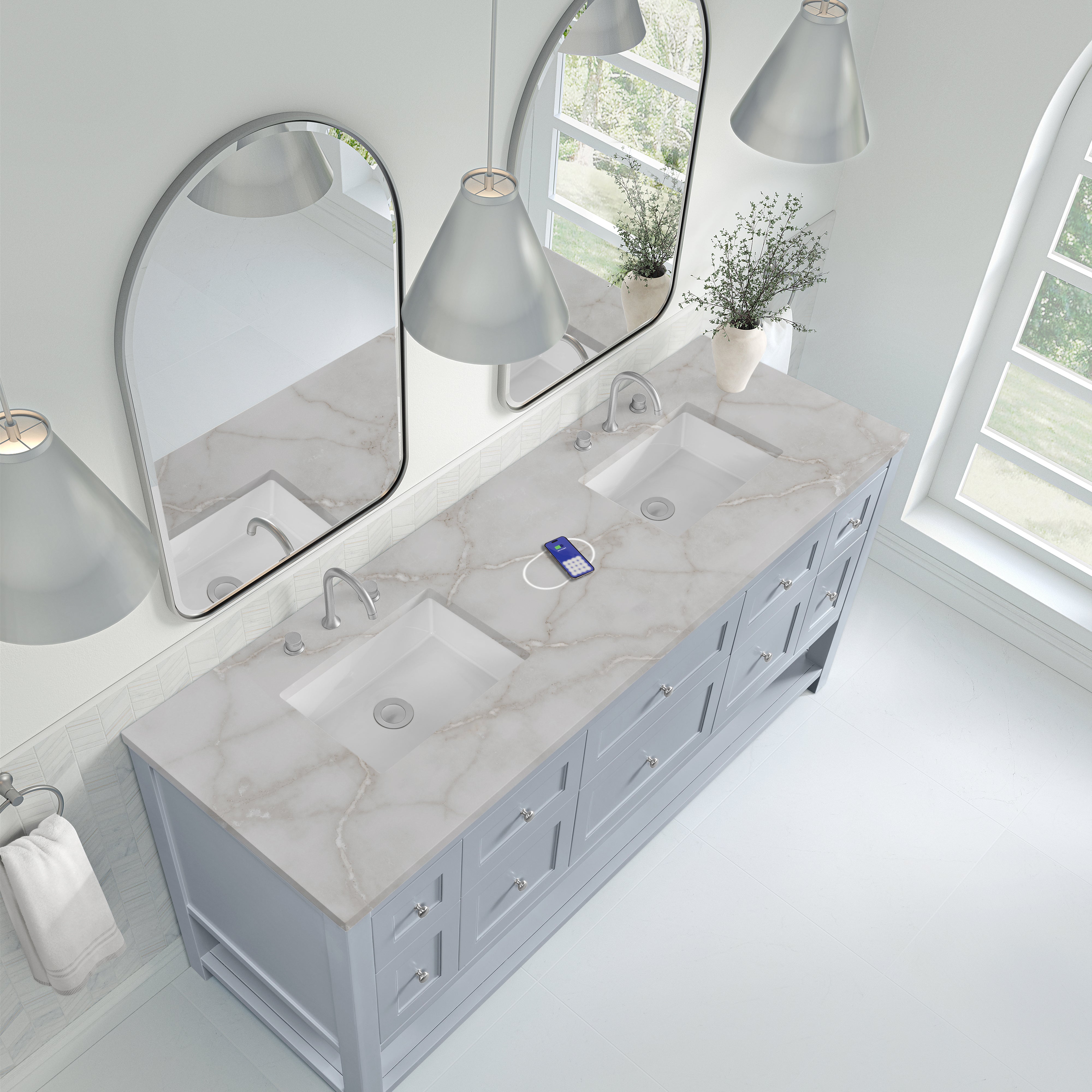 James Martin Breckenridge 72" Double Vanity in Serenity Blue with 3cm Countertop and FreePower Wireless Charger