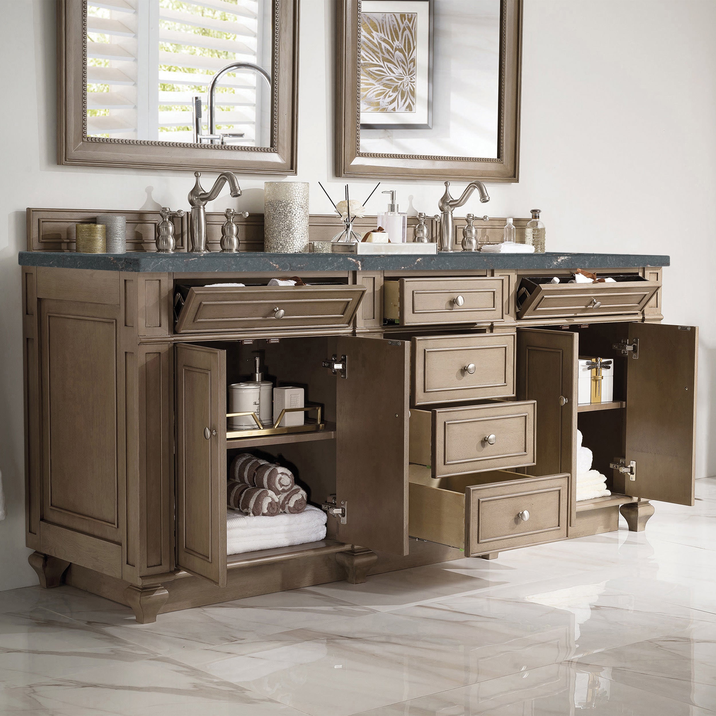 James Martin Bristol 72" Double Vanity in Whitewashed Walnut with 3cm Countertop