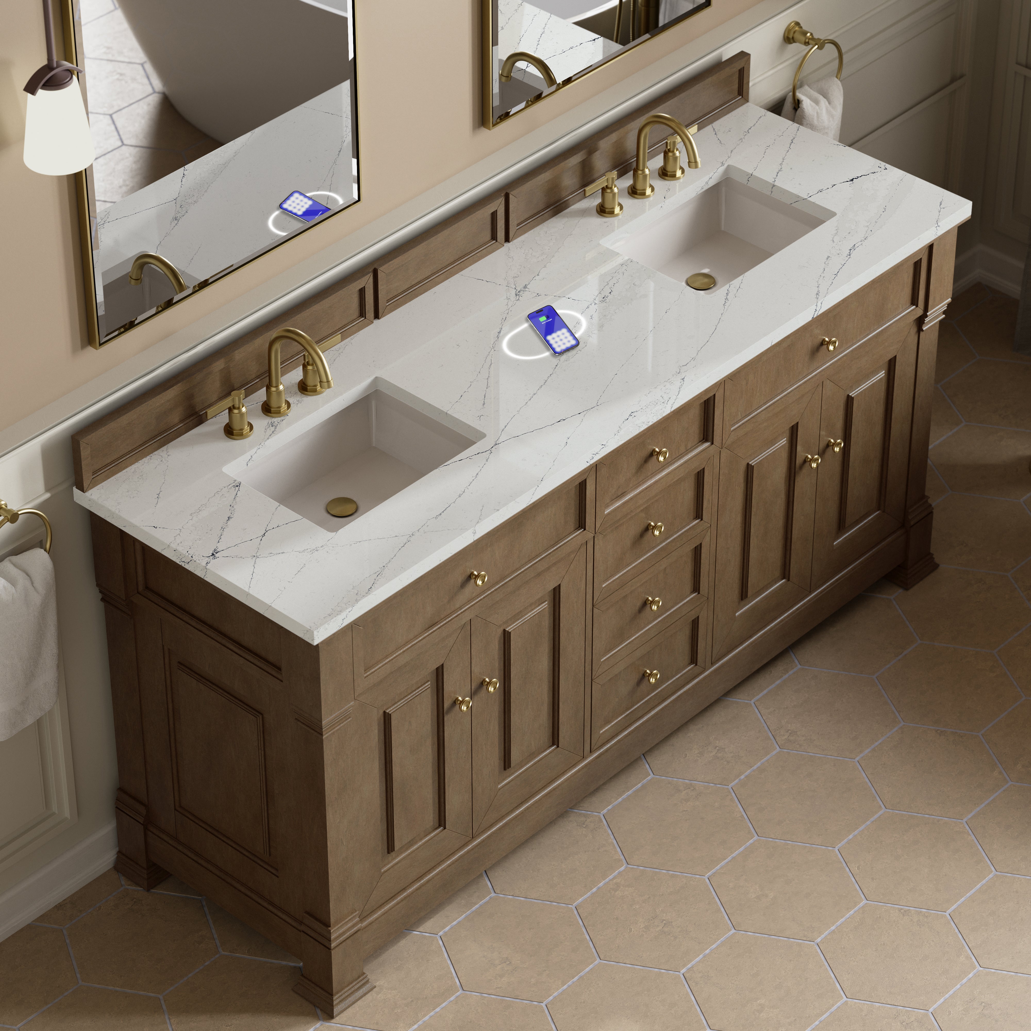 James Martin Brookfield 72" Double Vanity in Pecan with 3cm Countertop and FreePower Wireless Charger