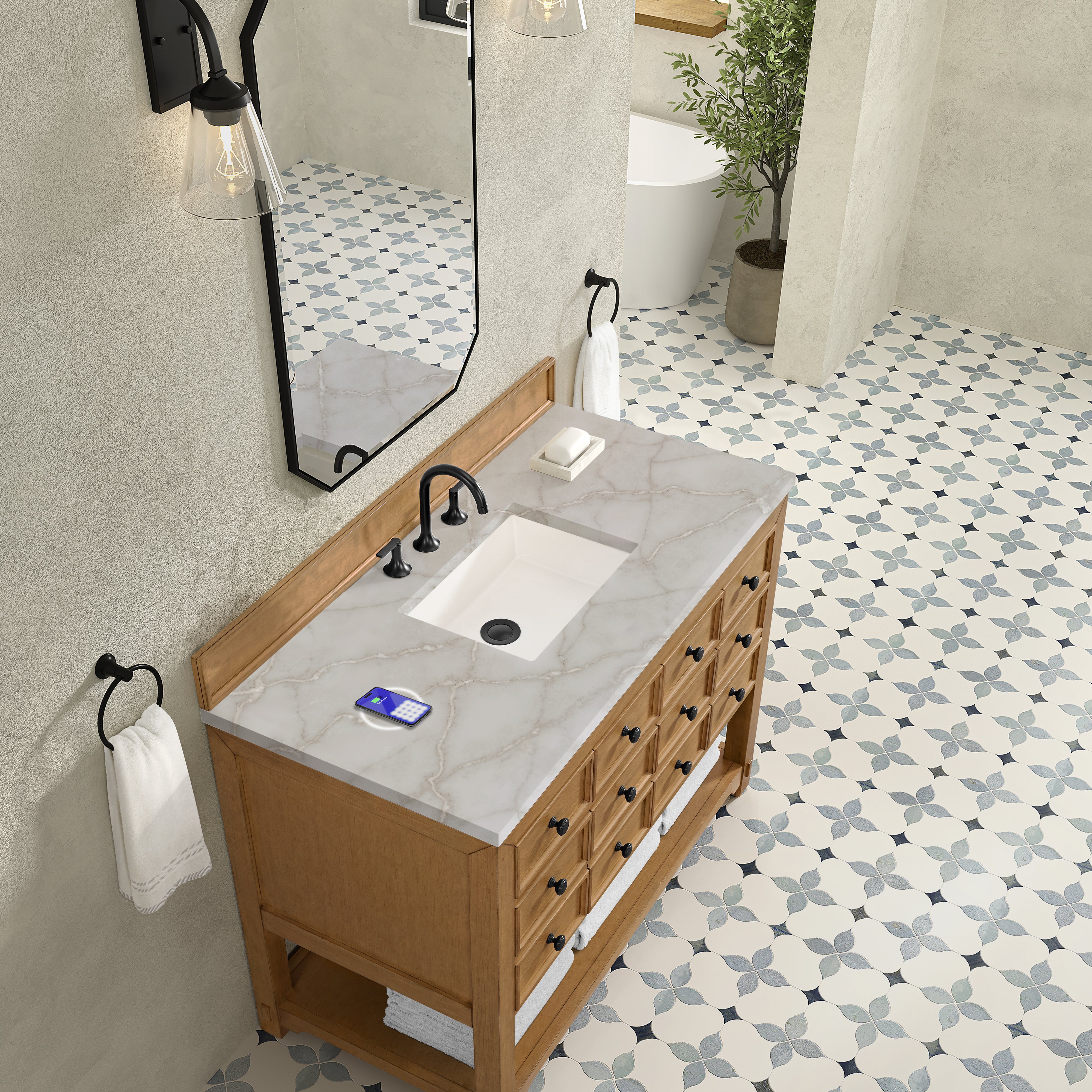 James Martin Malibu 48" Single Vanity in Amber Birch with 3cm Countertop and FreePower Wireless Charger