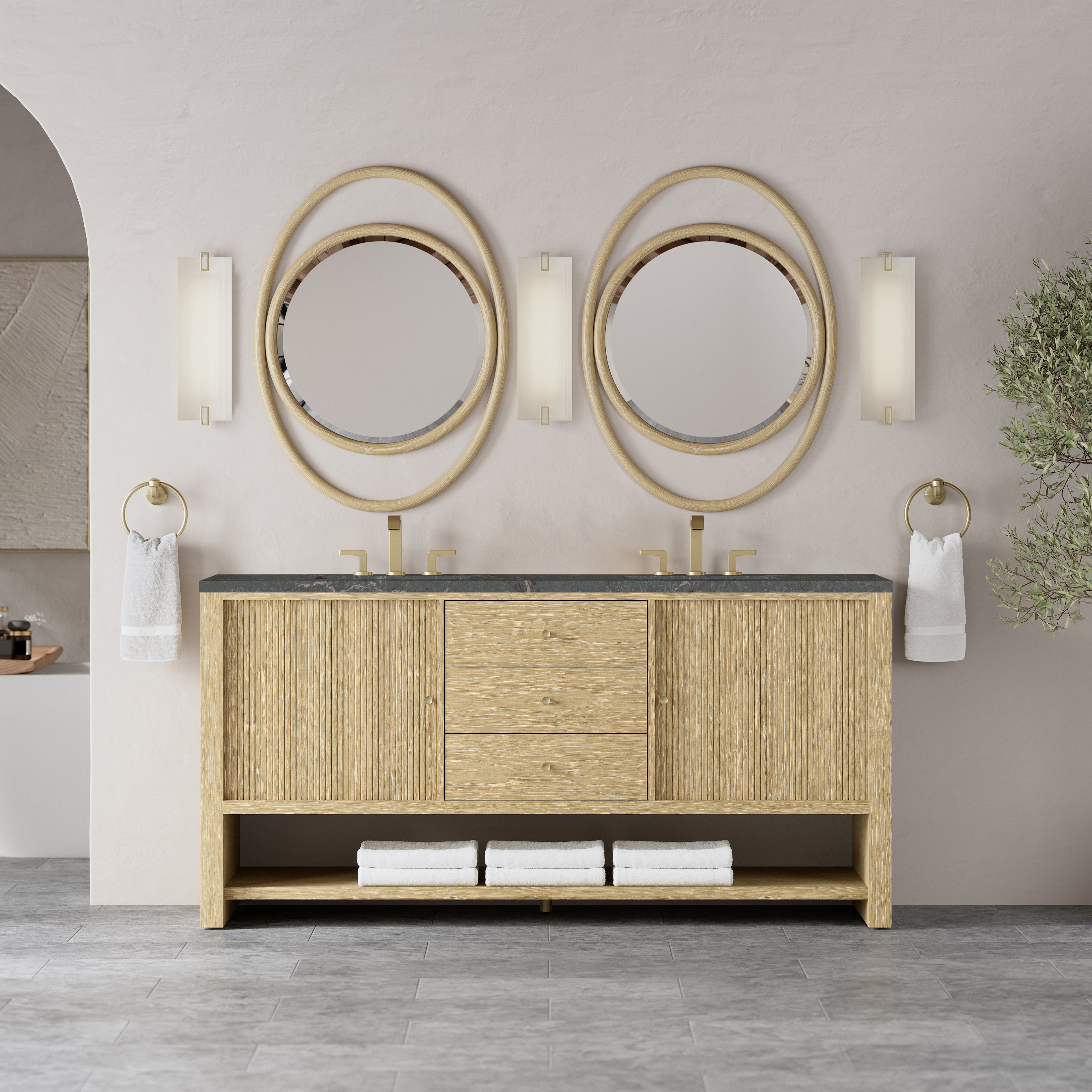 James Martin Marigot 72" Double Vanity in Sunwashed Oak with 3cm Countertop and FreePower Wireless Charger