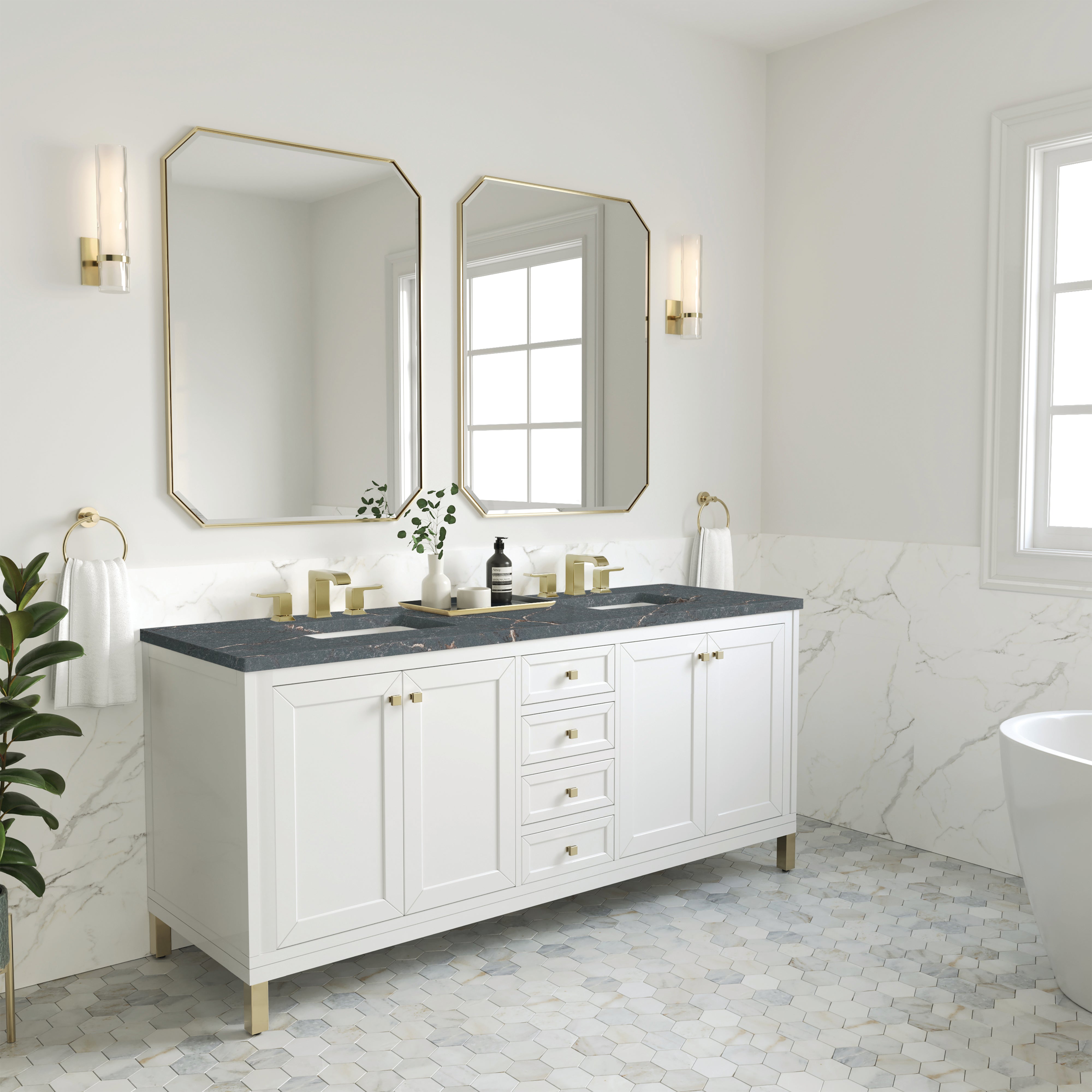 James Martin Chicago 72" Double Vanity in Glossy White with 3cm Countertop