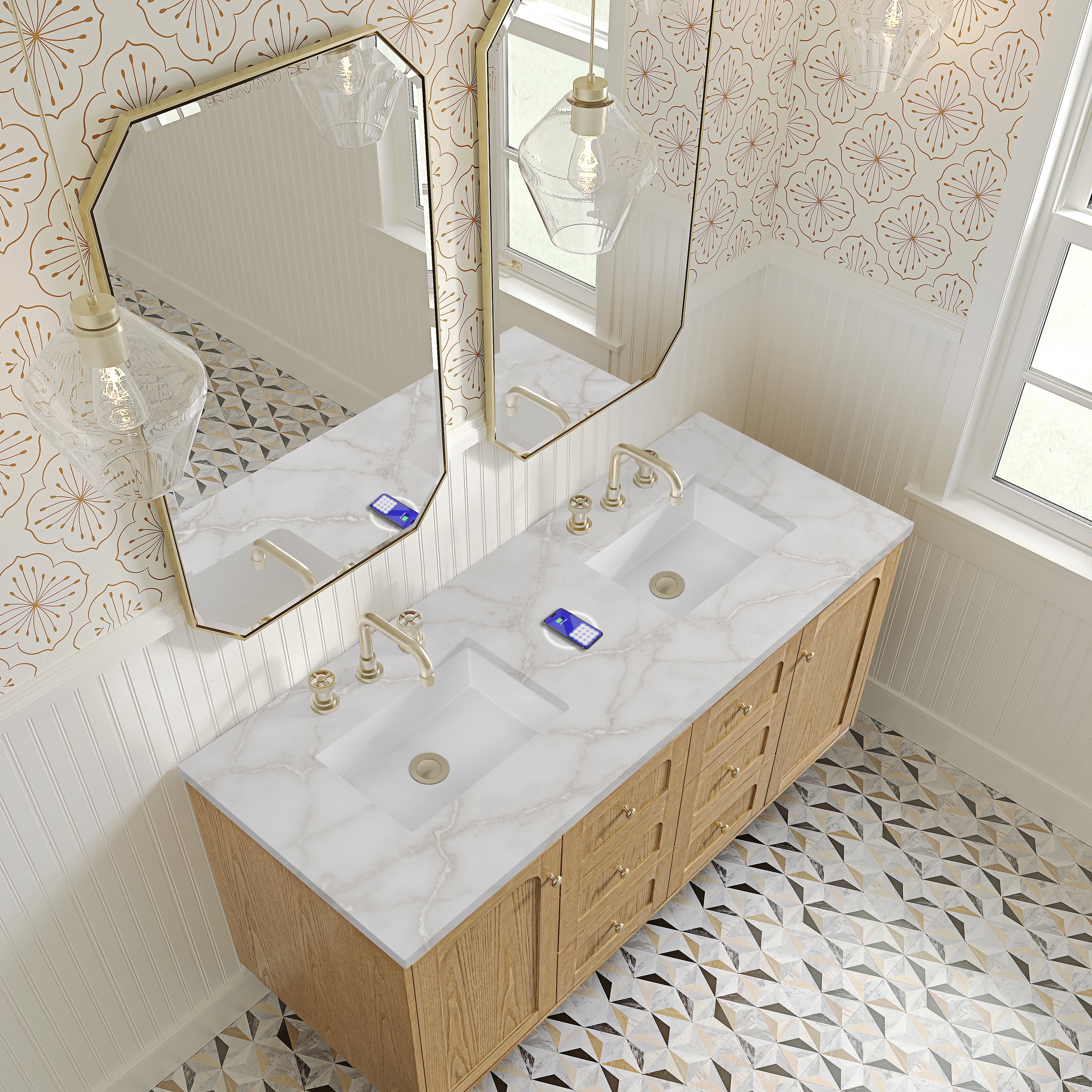 James Martin Laurent 60" Double Vanity in Light Natural Oak with 3cm Countertop and FreePower Wireless Charger