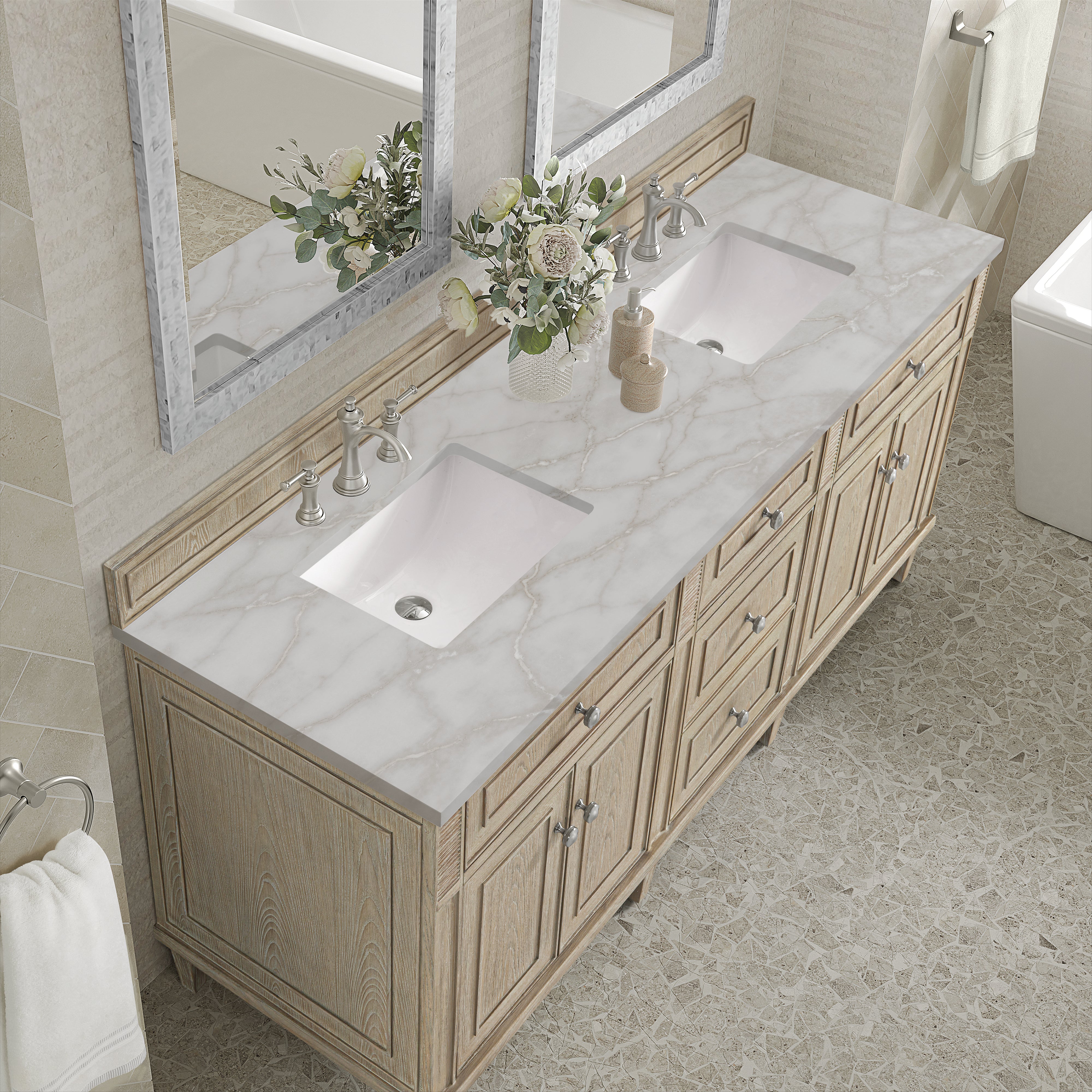 James Martin Lorelai 72" Double Vanity in Whitewashed Oak with 3cm Countertop