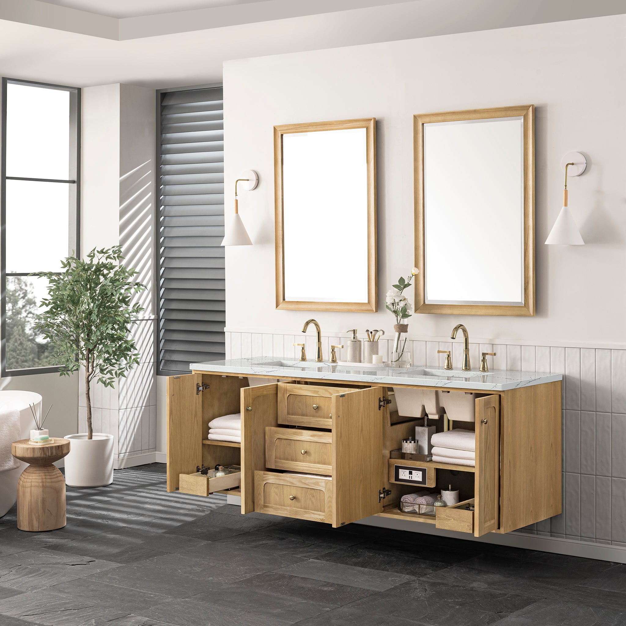 James Martin Laurent 72" Double Vanity in Light Natural Oak with 3cm Countertop and FreePower Wireless Charger