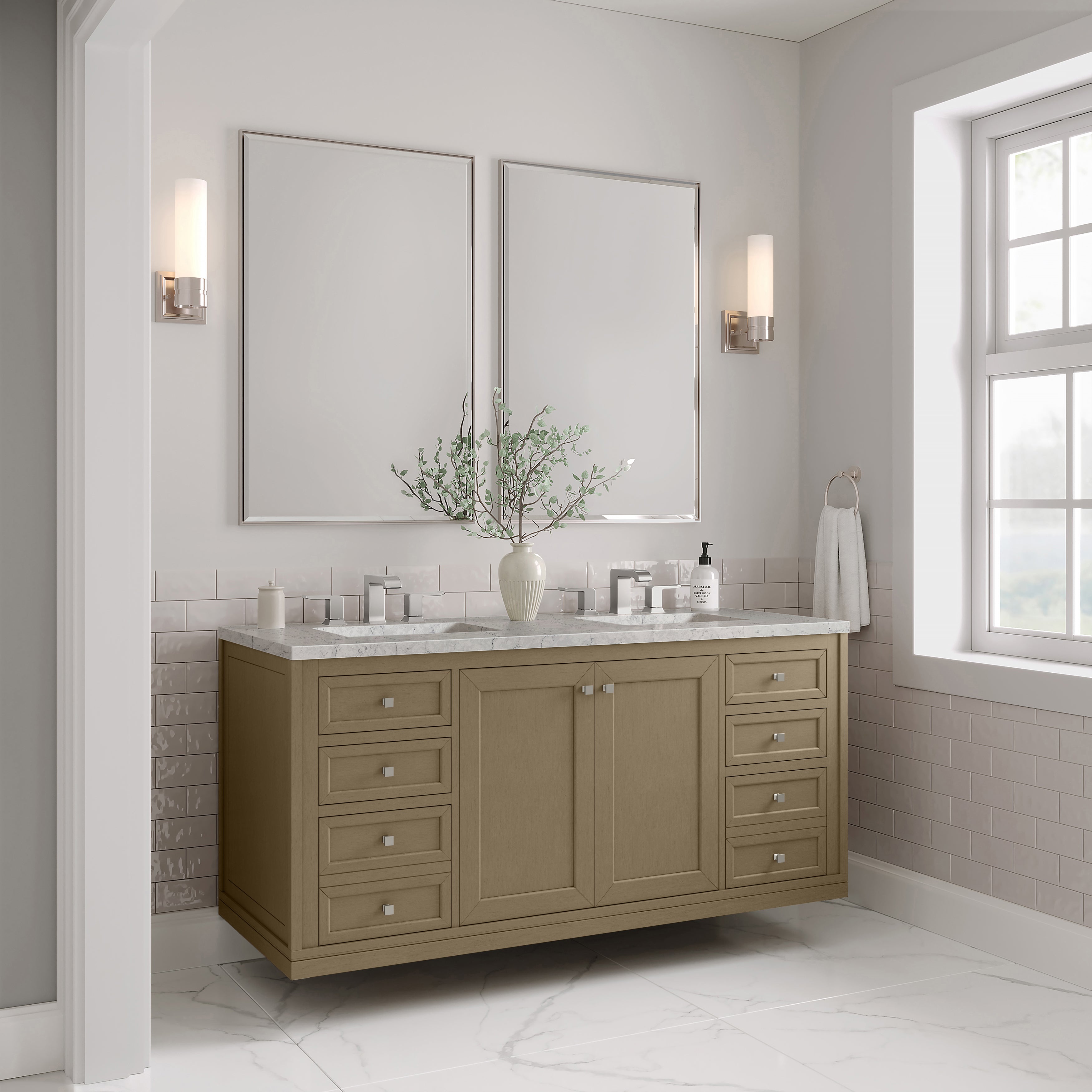James Martin Chicago 60" Double Vanity in Walnut Whisper with 3cm Countertop and FreePower Wireless Charger