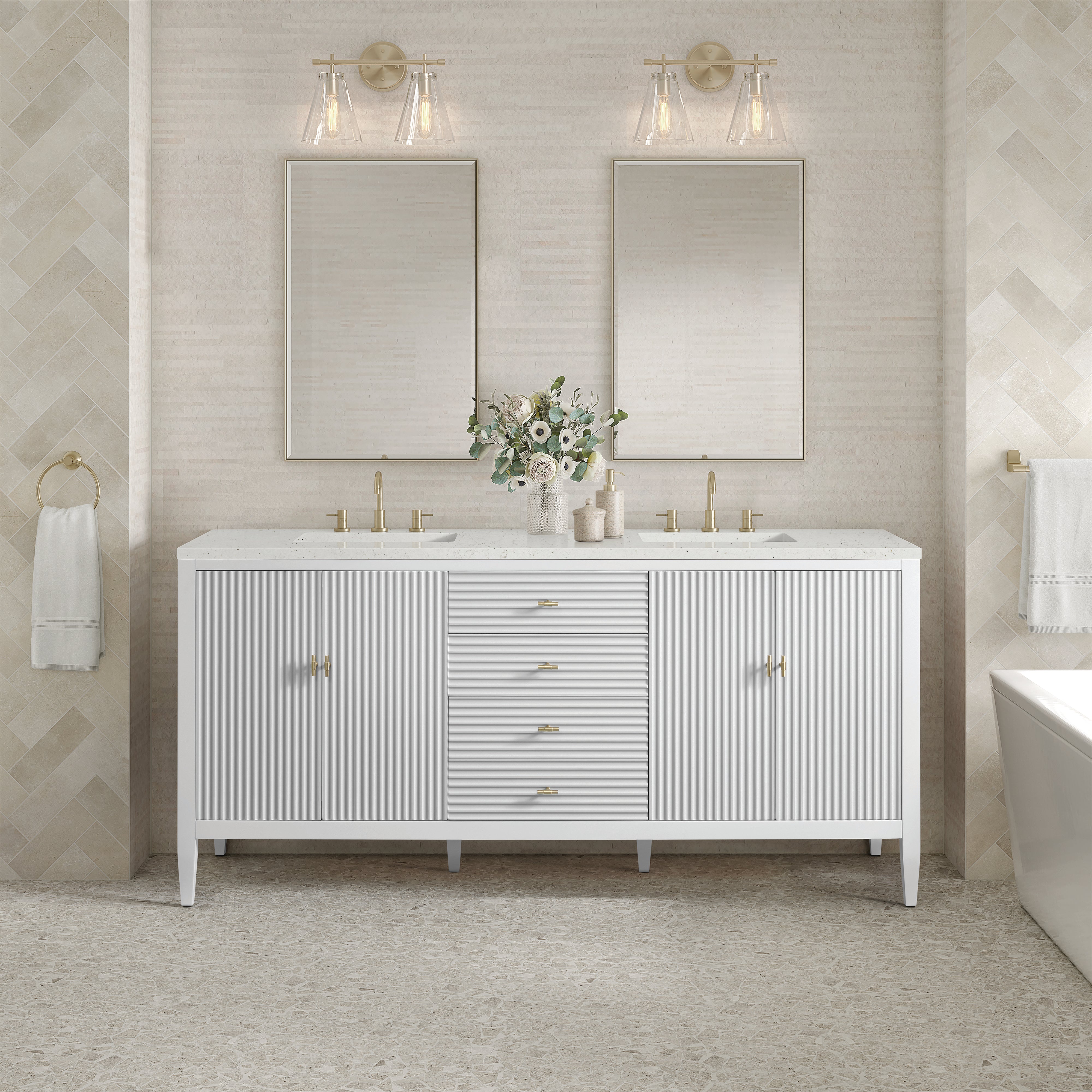 James Martin Myrrin 72" Double Vanity in Bright White with 3cm Countertop