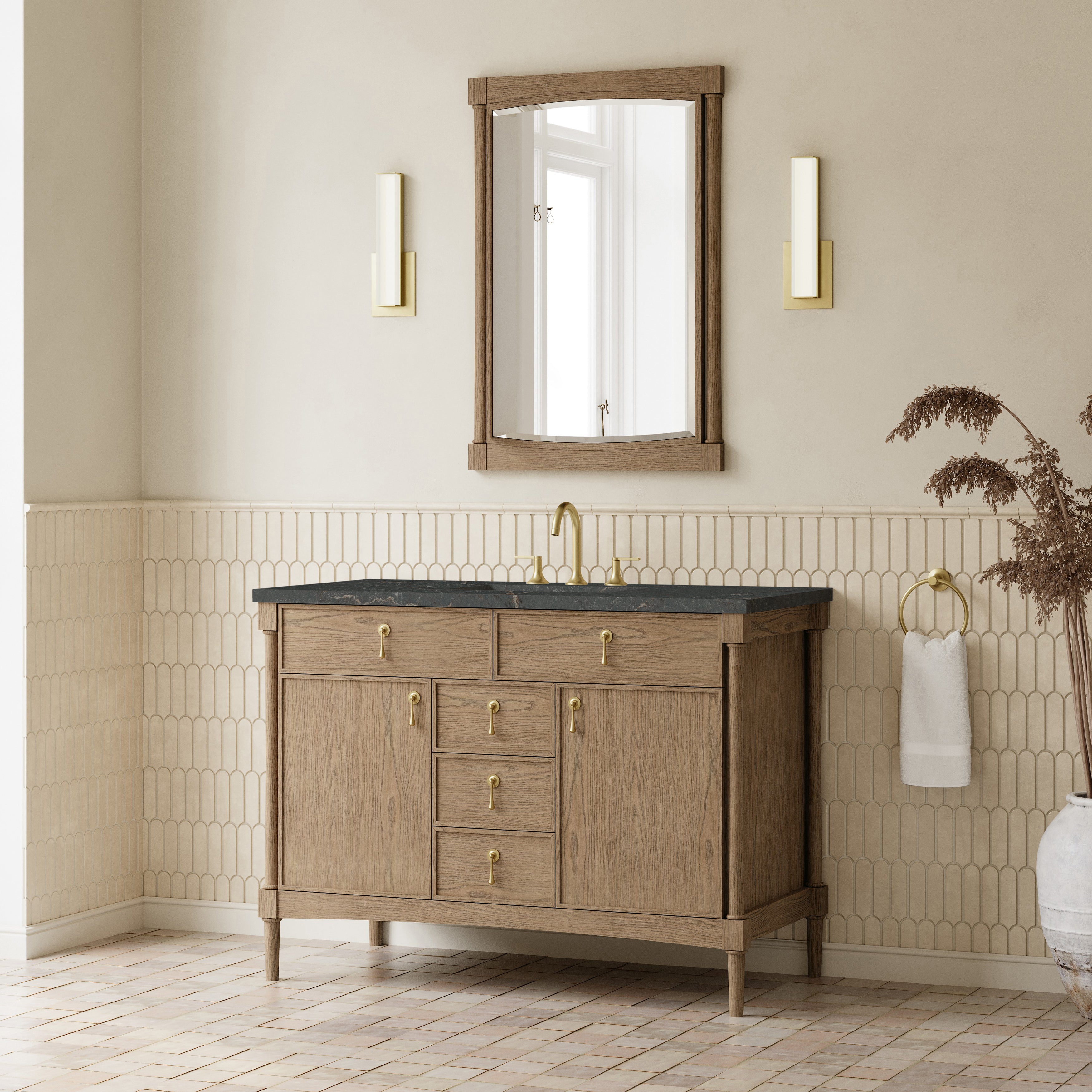 James Martin Kinnsden 48" Single Vanity in Weathered Oak with 3cm Countertop and FreePower Wireless Charger