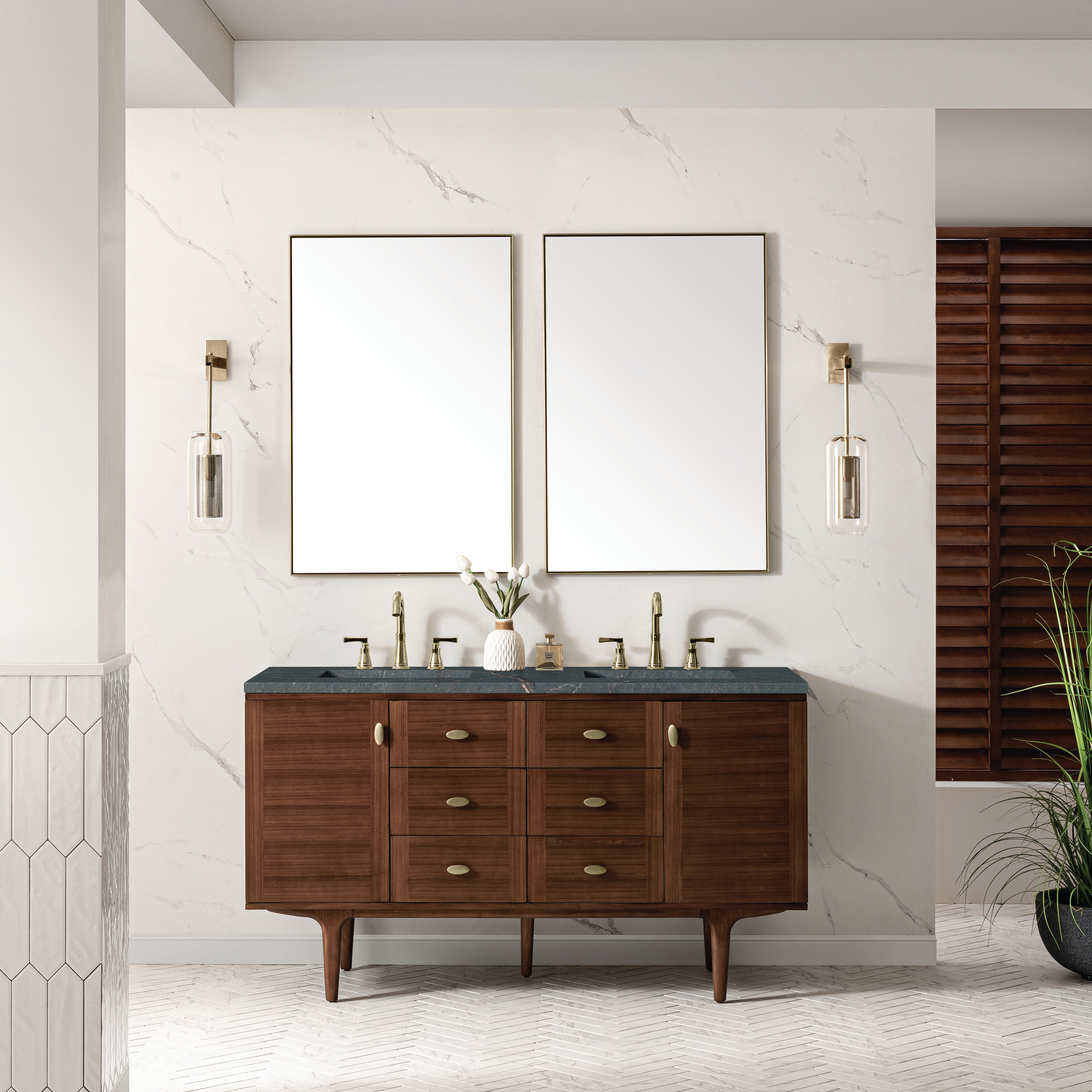 James Martin Amberly 60" Double Vanity in Mid-Century Walnut with 3cm Countertop