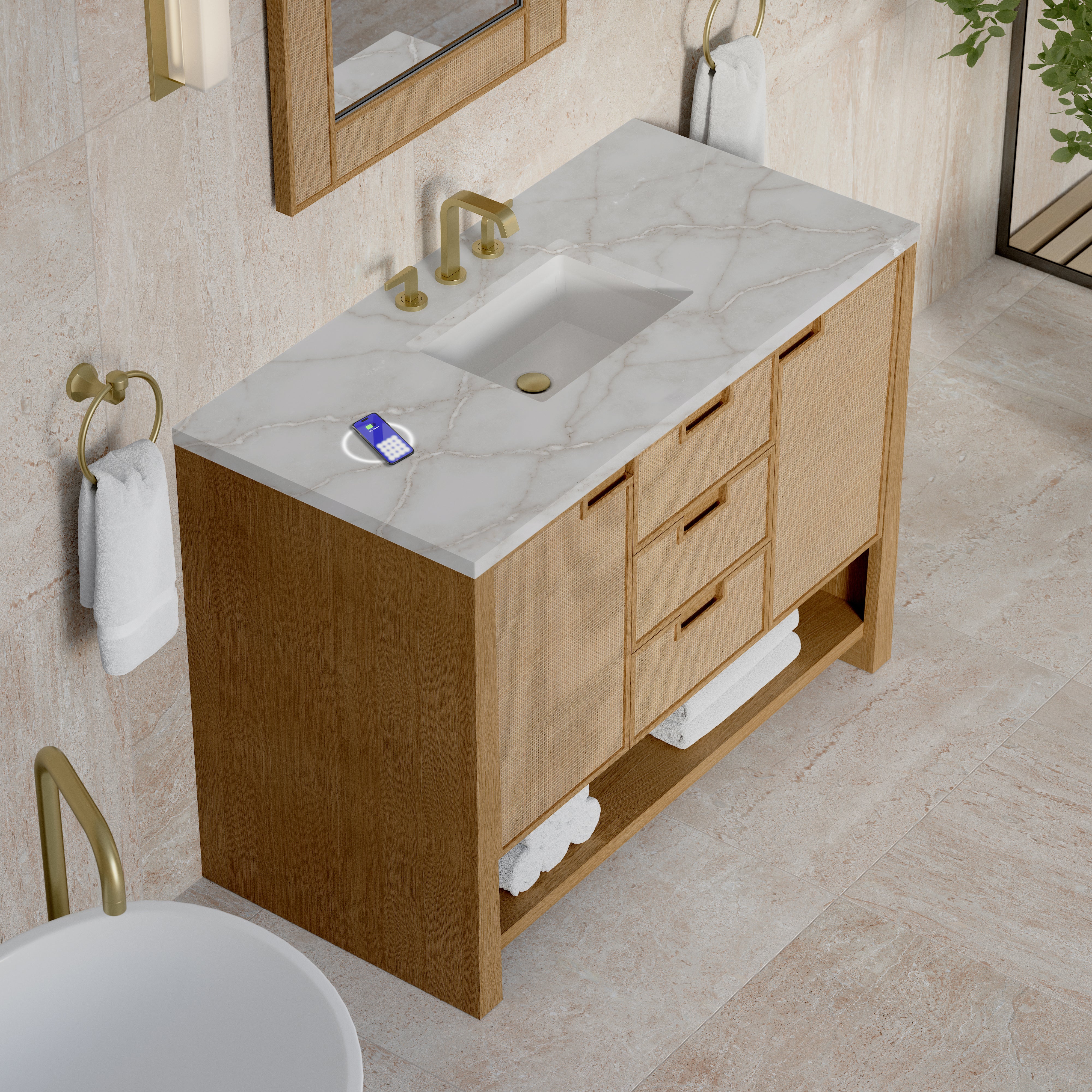 James Martin Solene 48" Single Vanity in Seaside Oak with 3cm Countertop and FreePower Wireless Charger