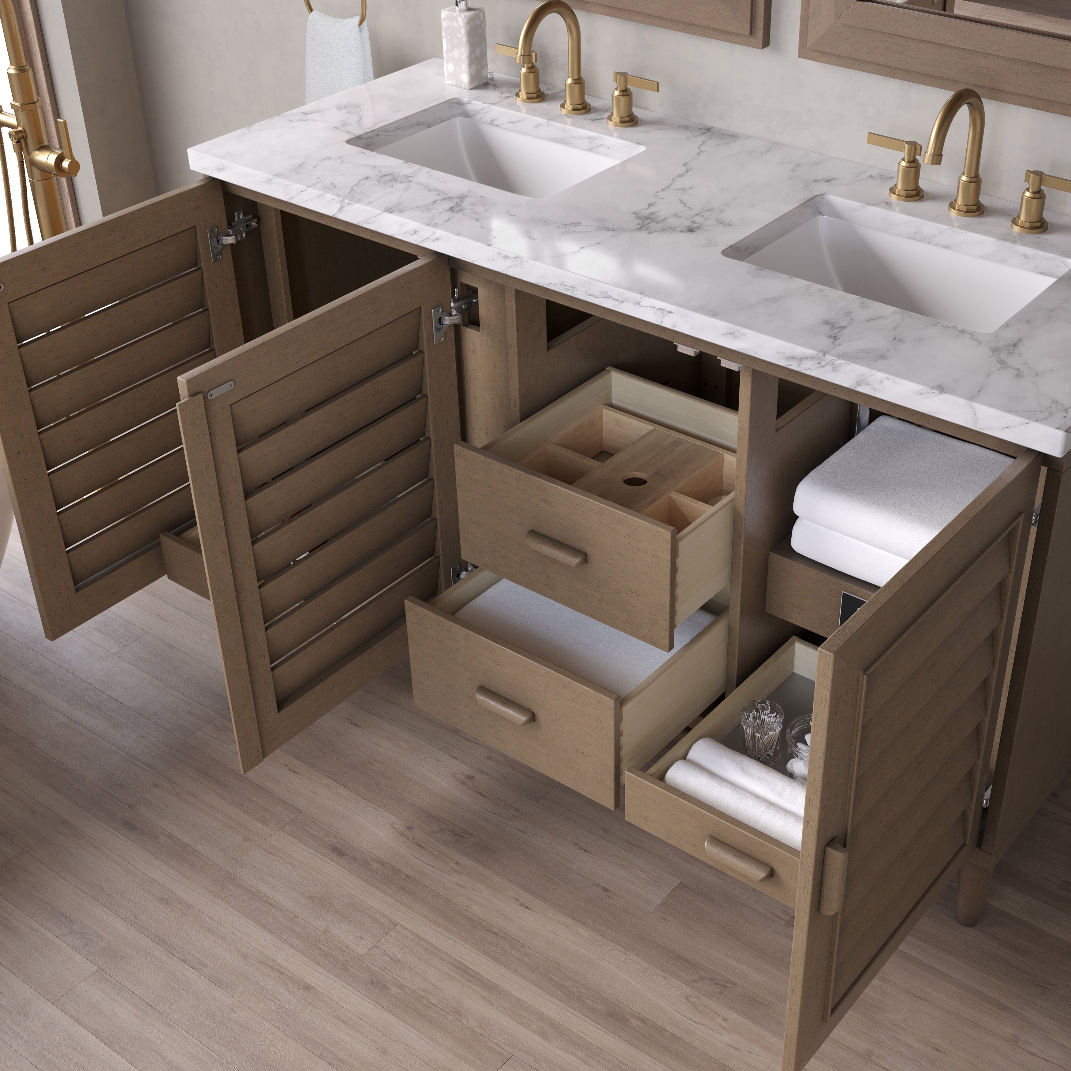 James Martin Portland 60" Double Vanity in Whitewashed Walnut with 3cm Countertop