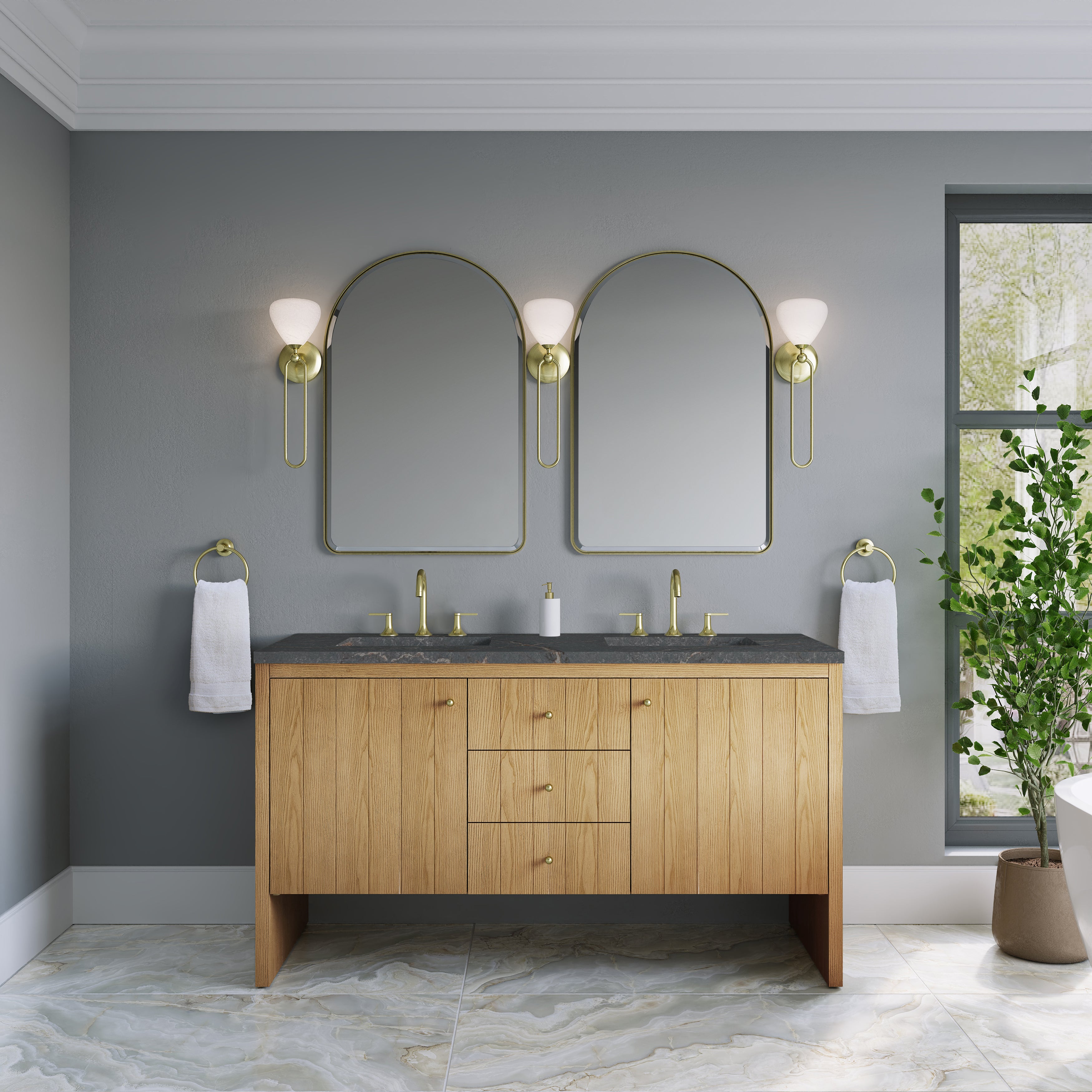 James Martin Hudson 60" Double Vanity in Light Natural Oak with 3cm Countertop and FreePower Wireless Charger
