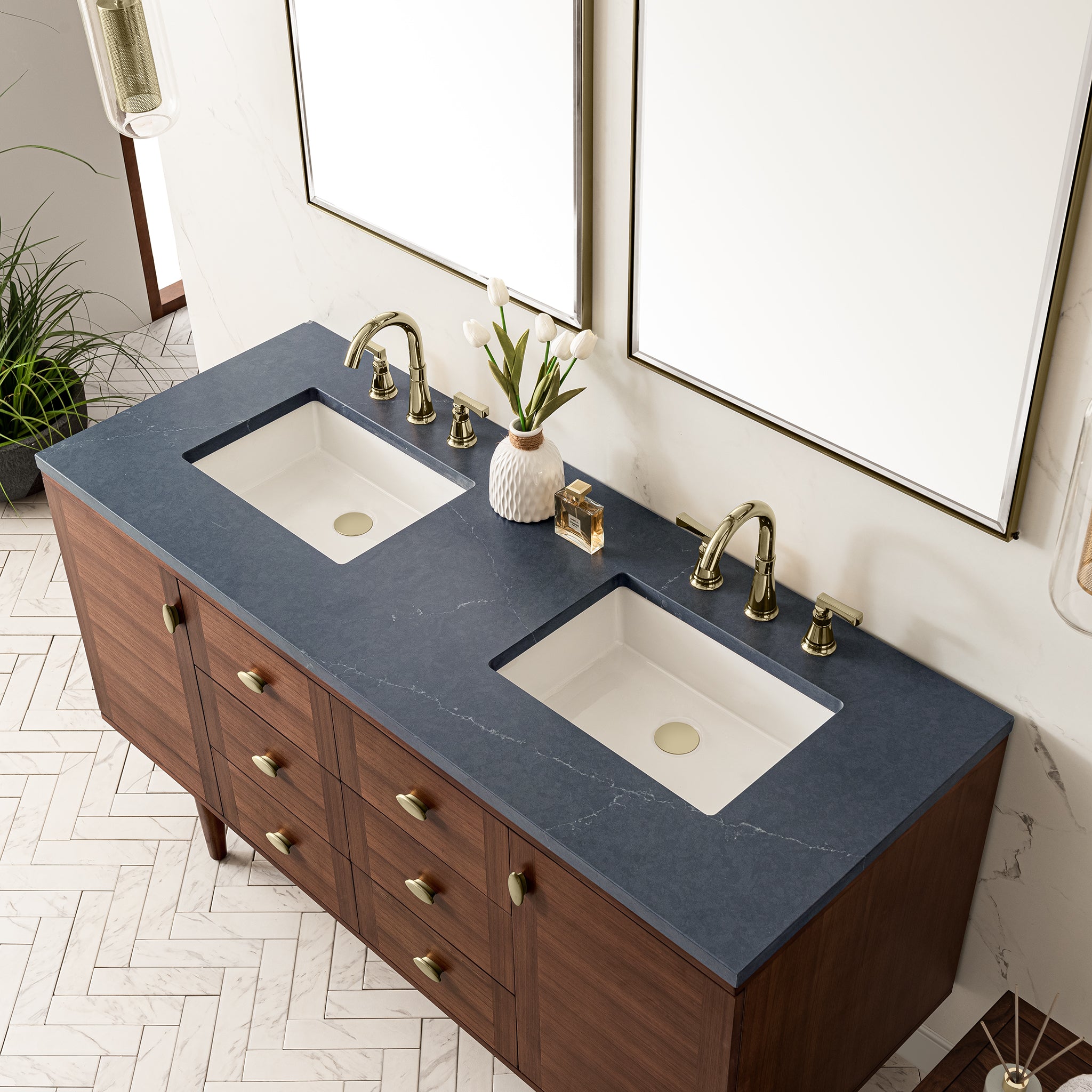 James Martin Amberly 60" Double Vanity in Mid-Century Walnut with 3cm Countertop