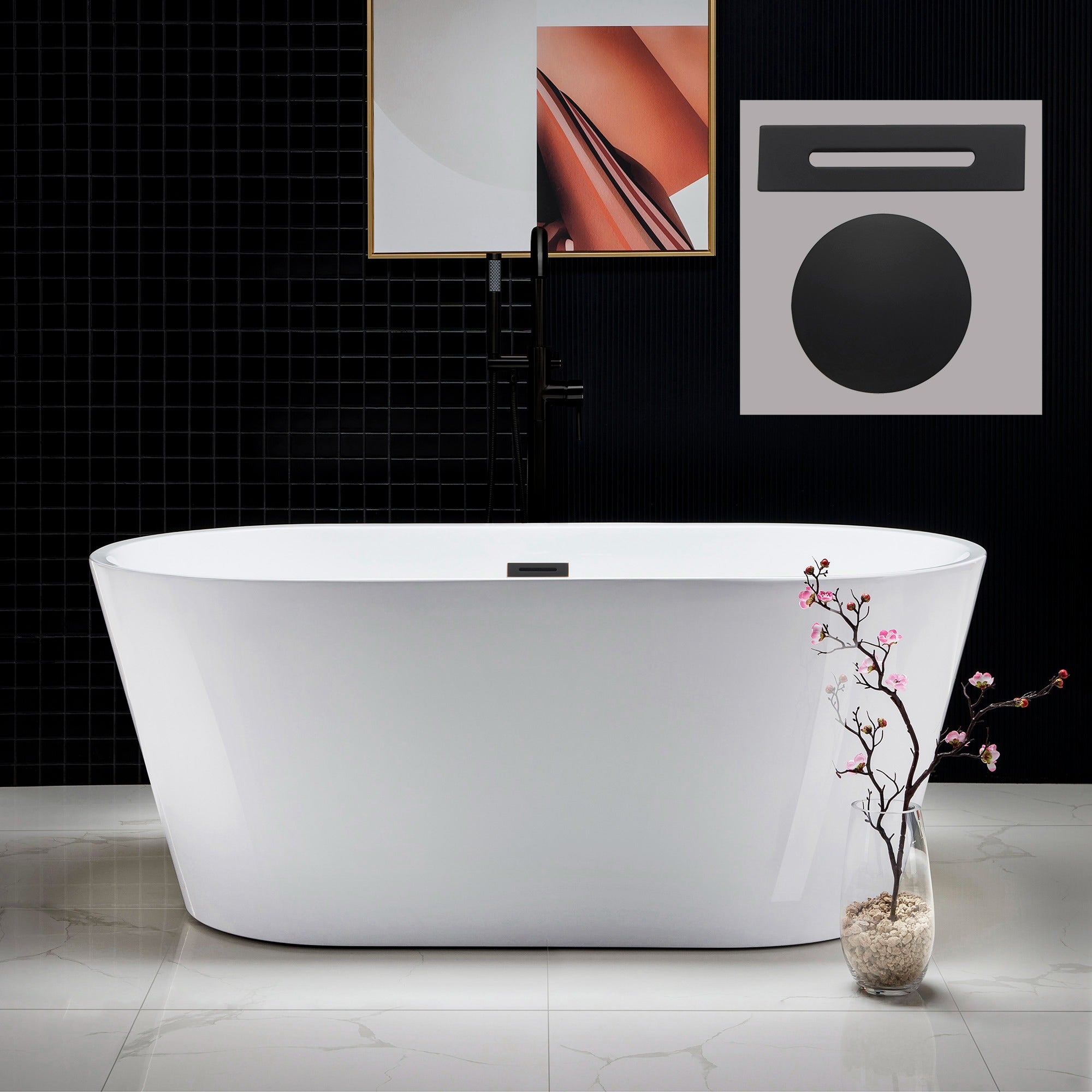 WOODBRIDGE 59" Acrylic Freestanding Bathtub Contemporary Soaking Tub with Drain & Overflow, B0014