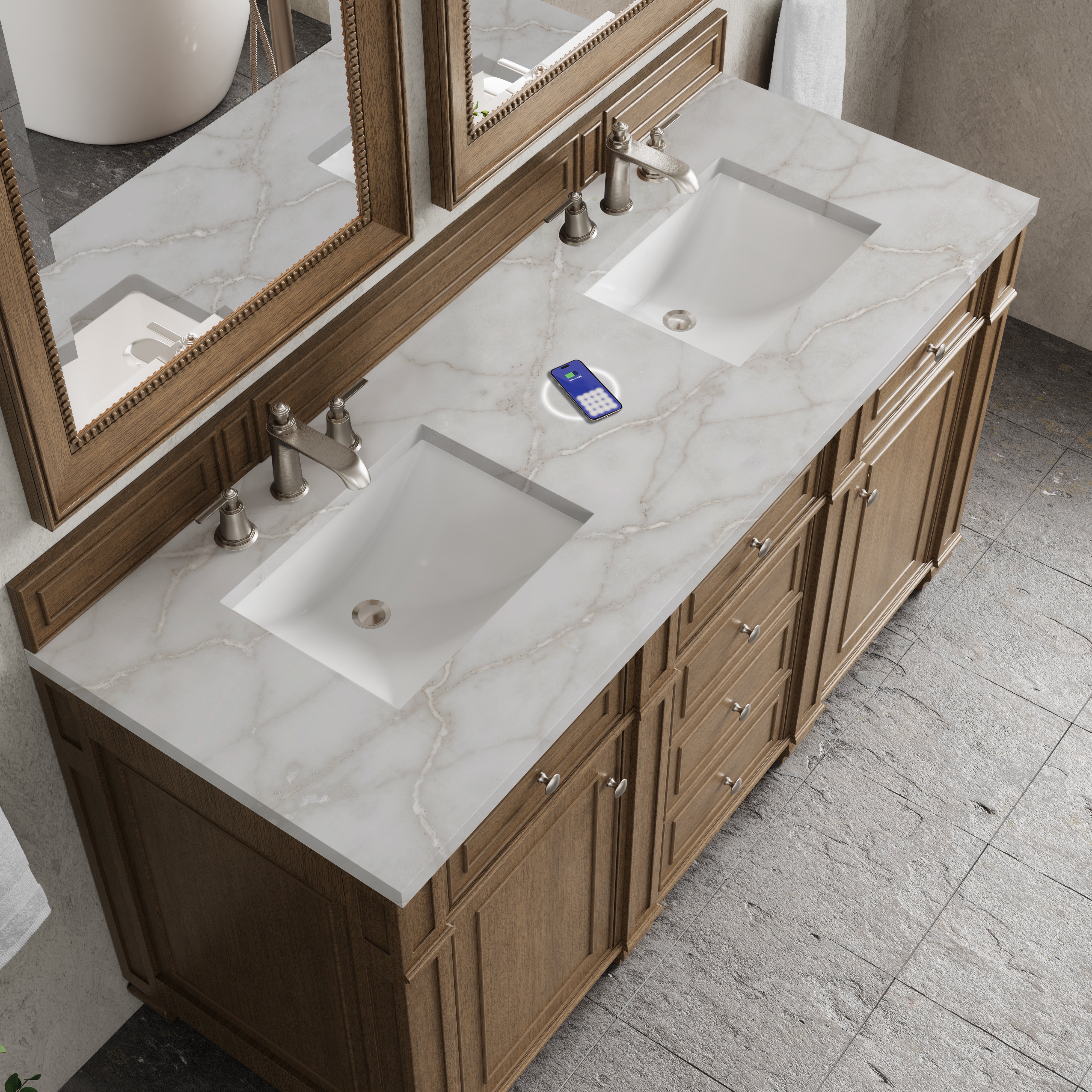 James Martin Bristol 60" Double Vanity in Saddle Brown with 3cm Countertop and FreePower Wireless Charger