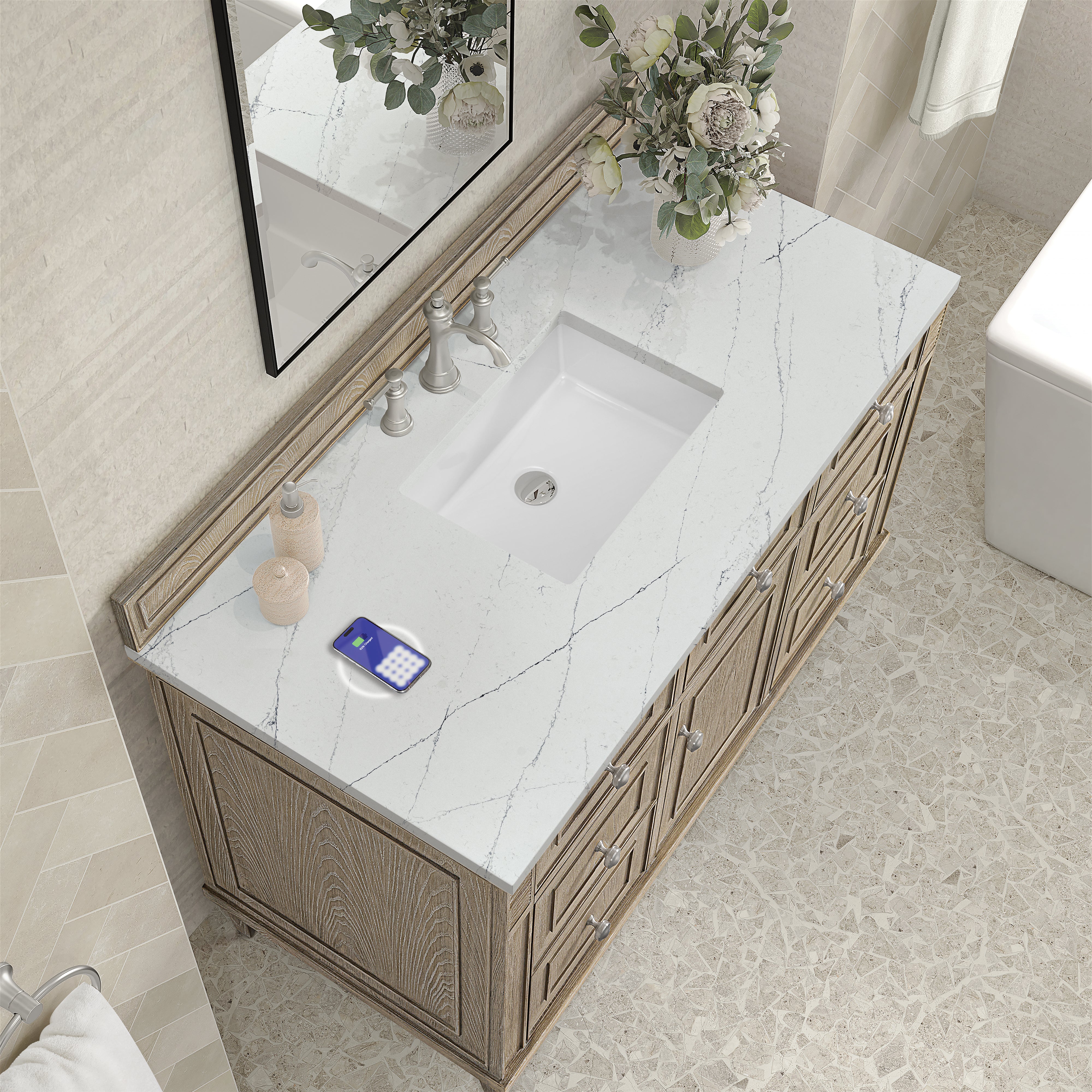 James Martin Lorelai 48" Single Vanity in Whitewashed Oak with 3cm Countertop and FreePower Wireless Charger