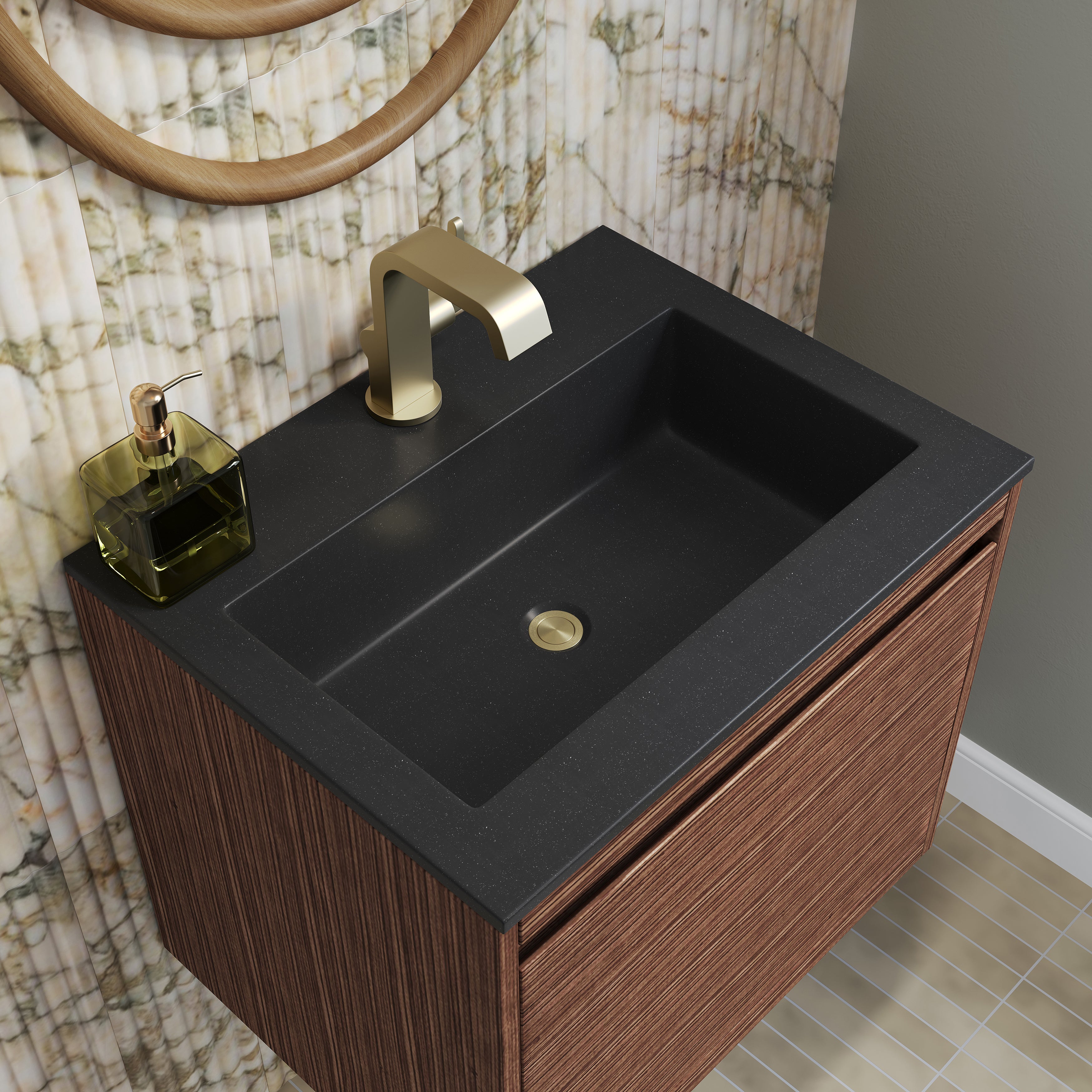 James Martin Mantova 23.6" Single Vanity, Mid-Century Walnut, Champagne Brass Base with Charcoal Black Composite Stone Top