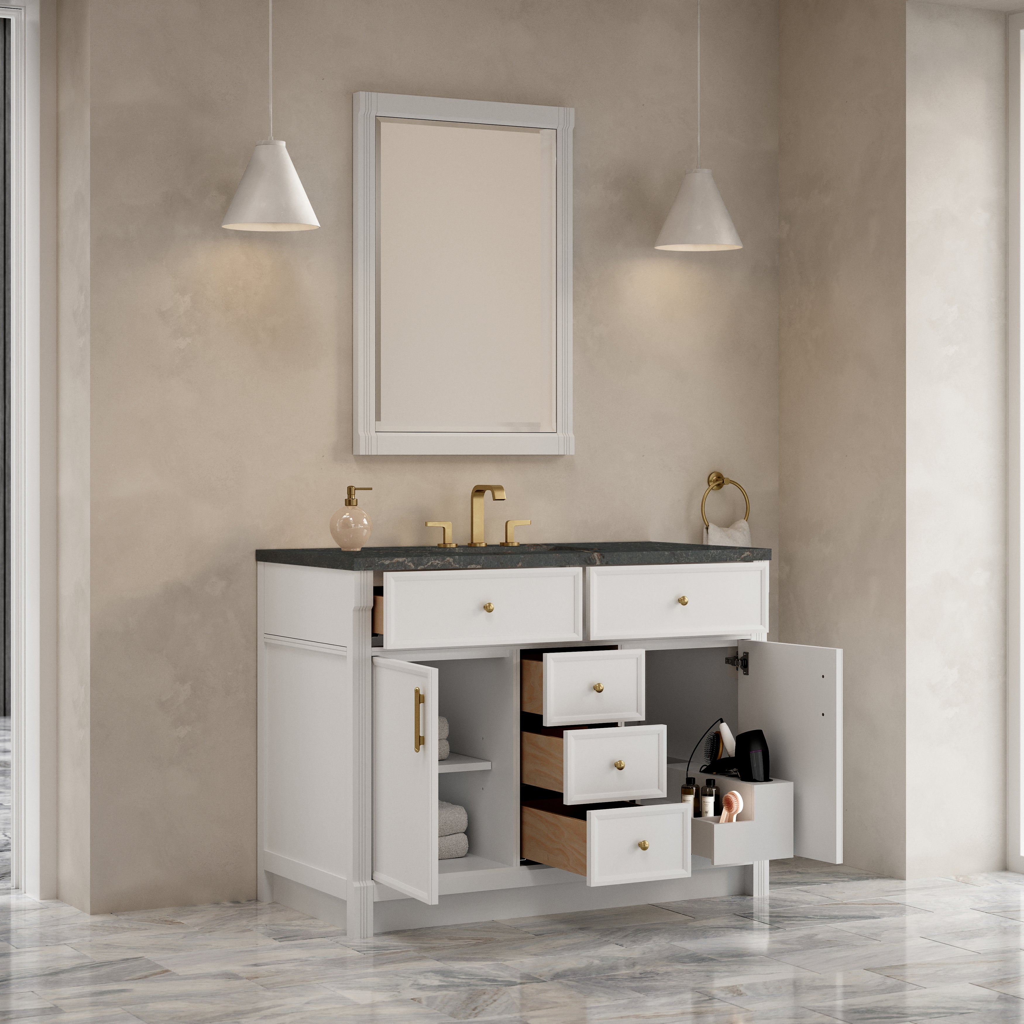 James Martin Bellshire 48" Single Vanity in Bright White with 3cm Countertop and FreePower Wireless Charger