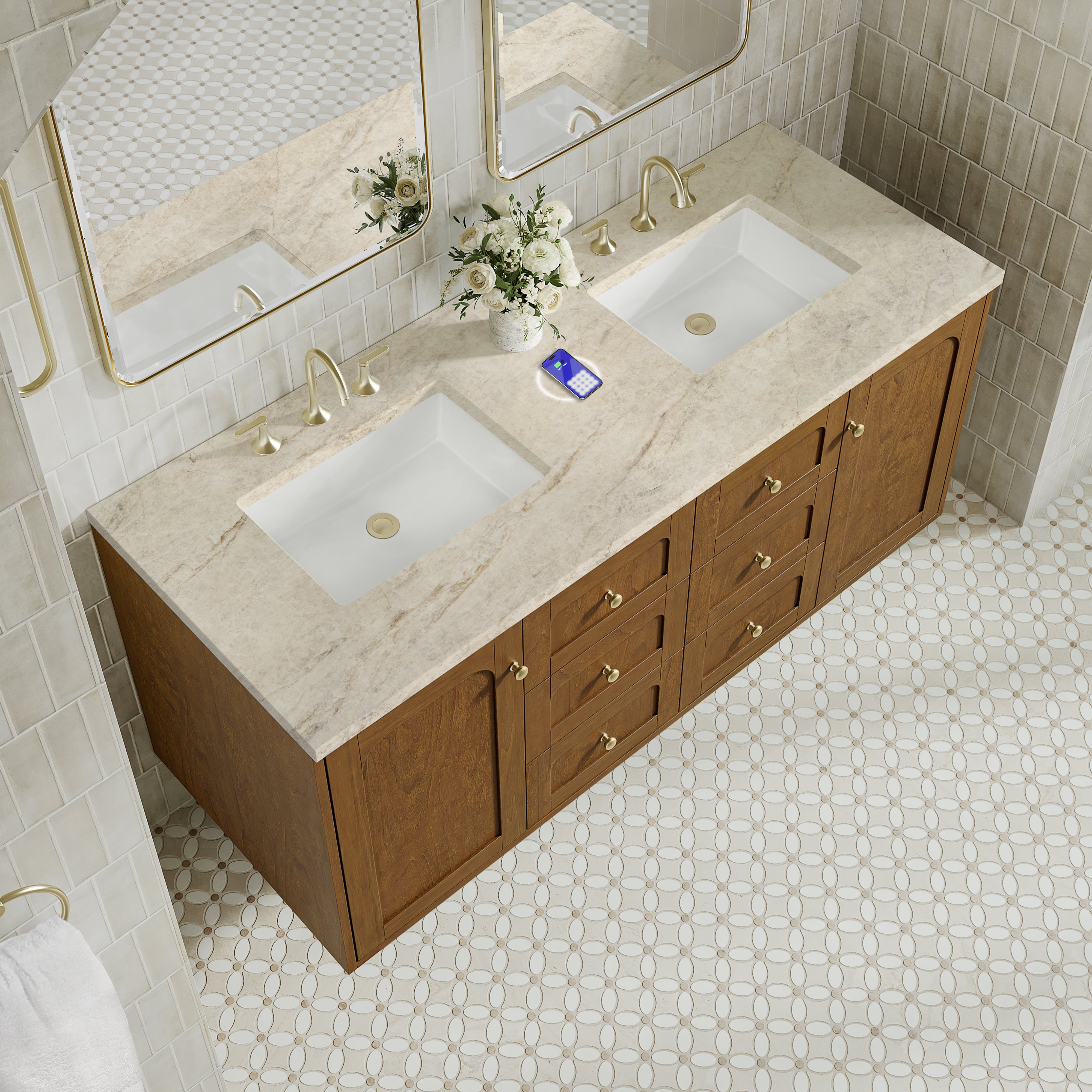 James Martin Laurent 60" Double Vanity in Honey Oak with 3cm Countertop and FreePower Wireless Charger