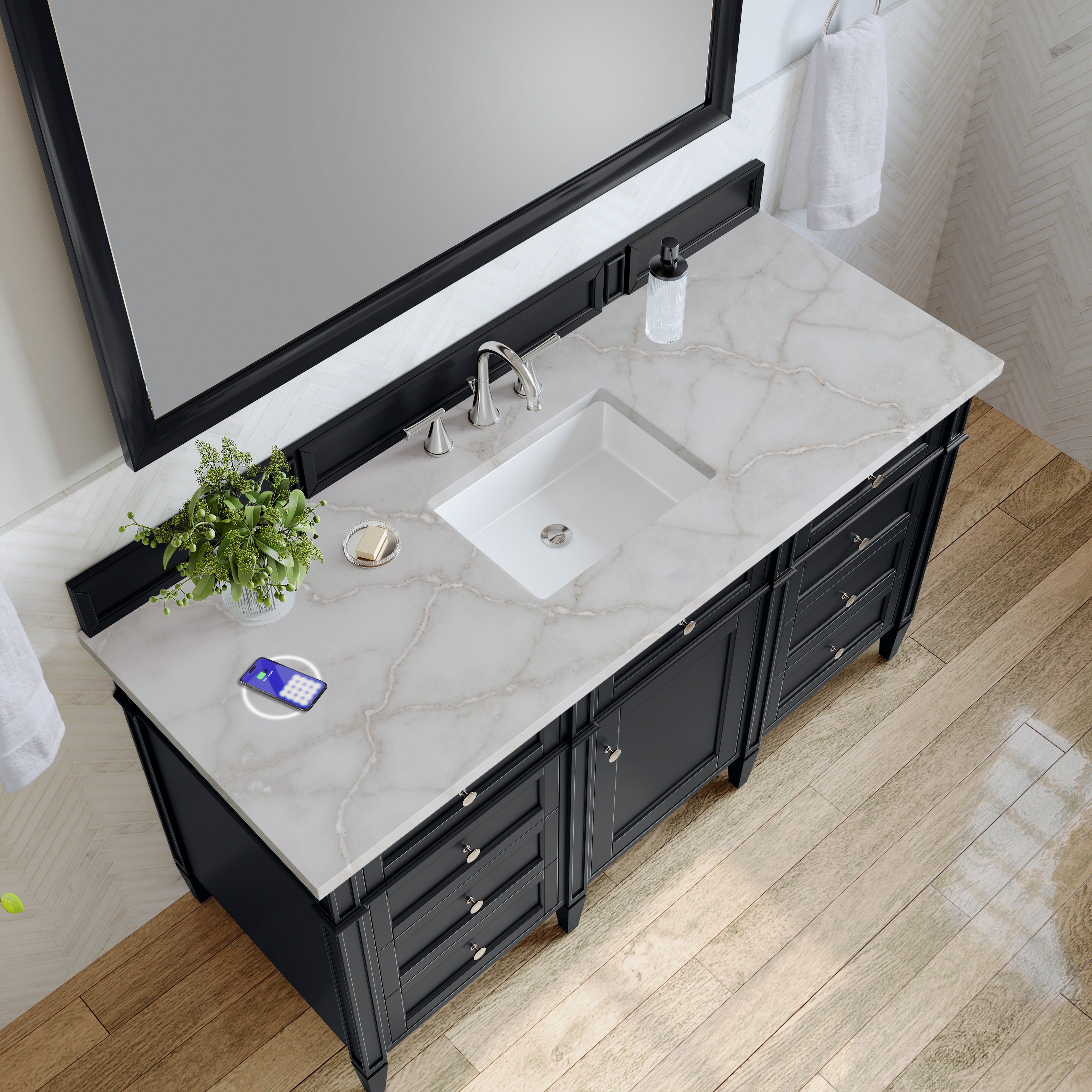 James Martin Brittany 60" Single Vanity in Black Onyx with 3cm Countertop and FreePower Wireless Charger