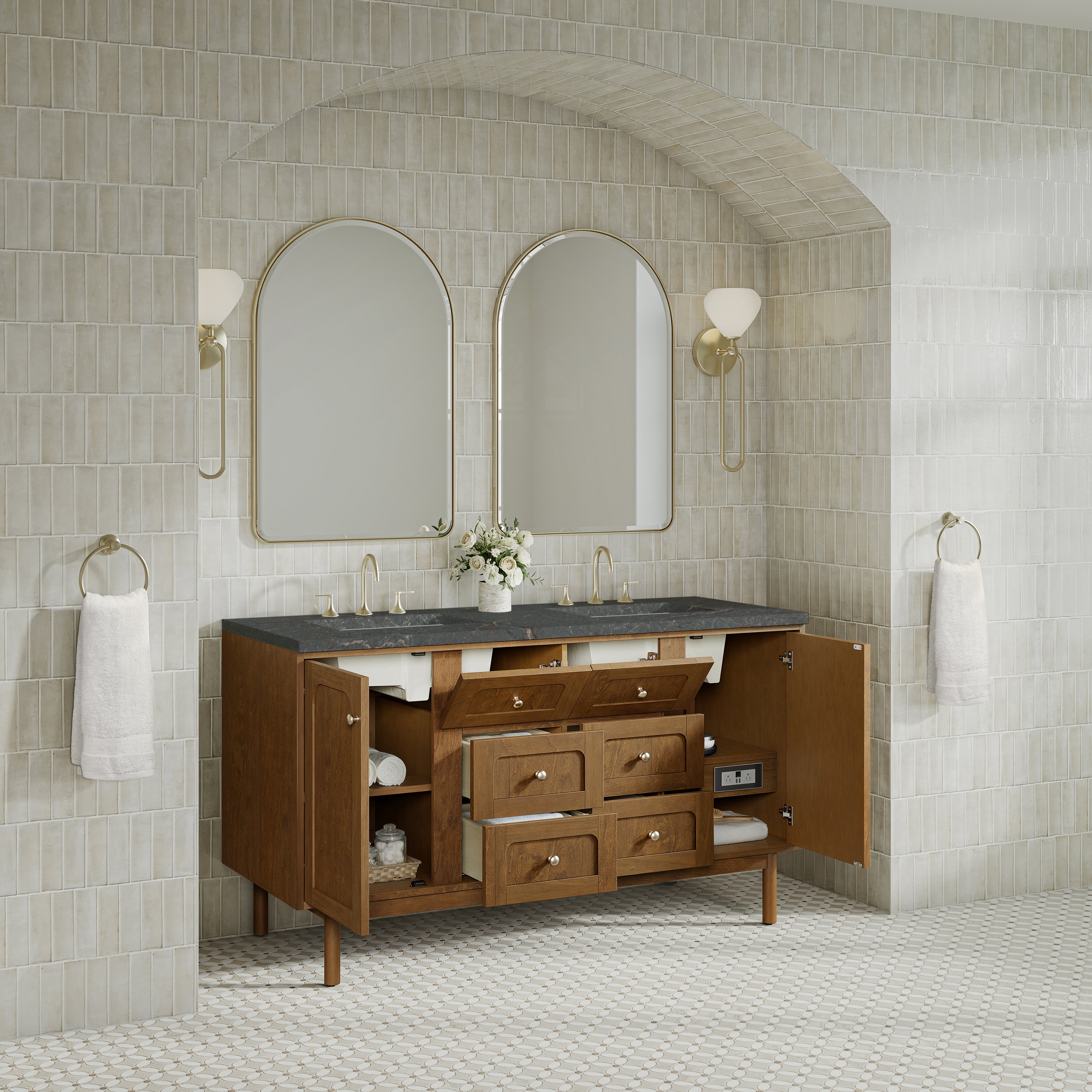 James Martin Laurent 60" Double Vanity in Honey Oak with 3cm Countertop and FreePower Wireless Charger