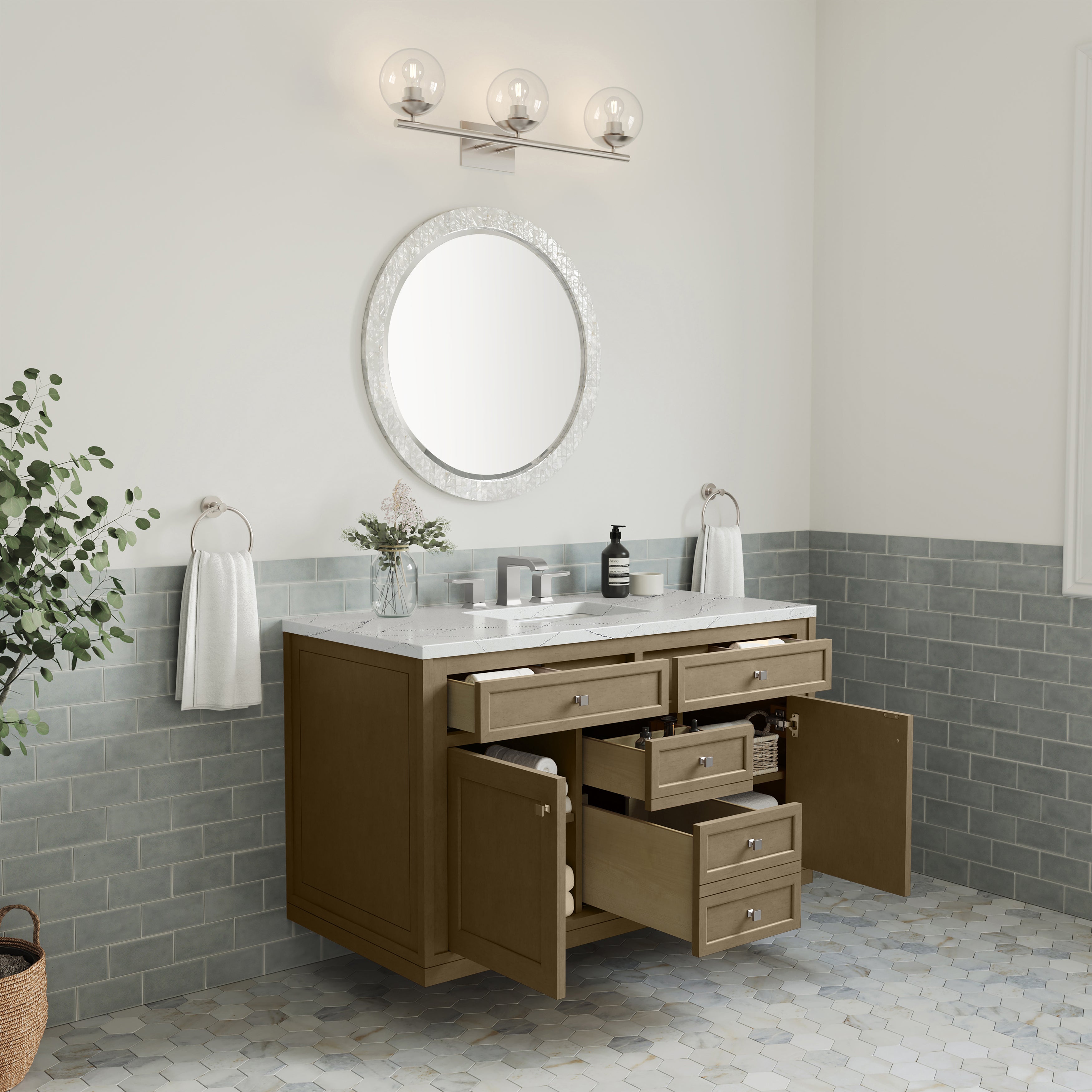 James Martin Chicago 48" Single Vanity in Walnut Whisper with 3cm Countertop and FreePower Wireless Charger