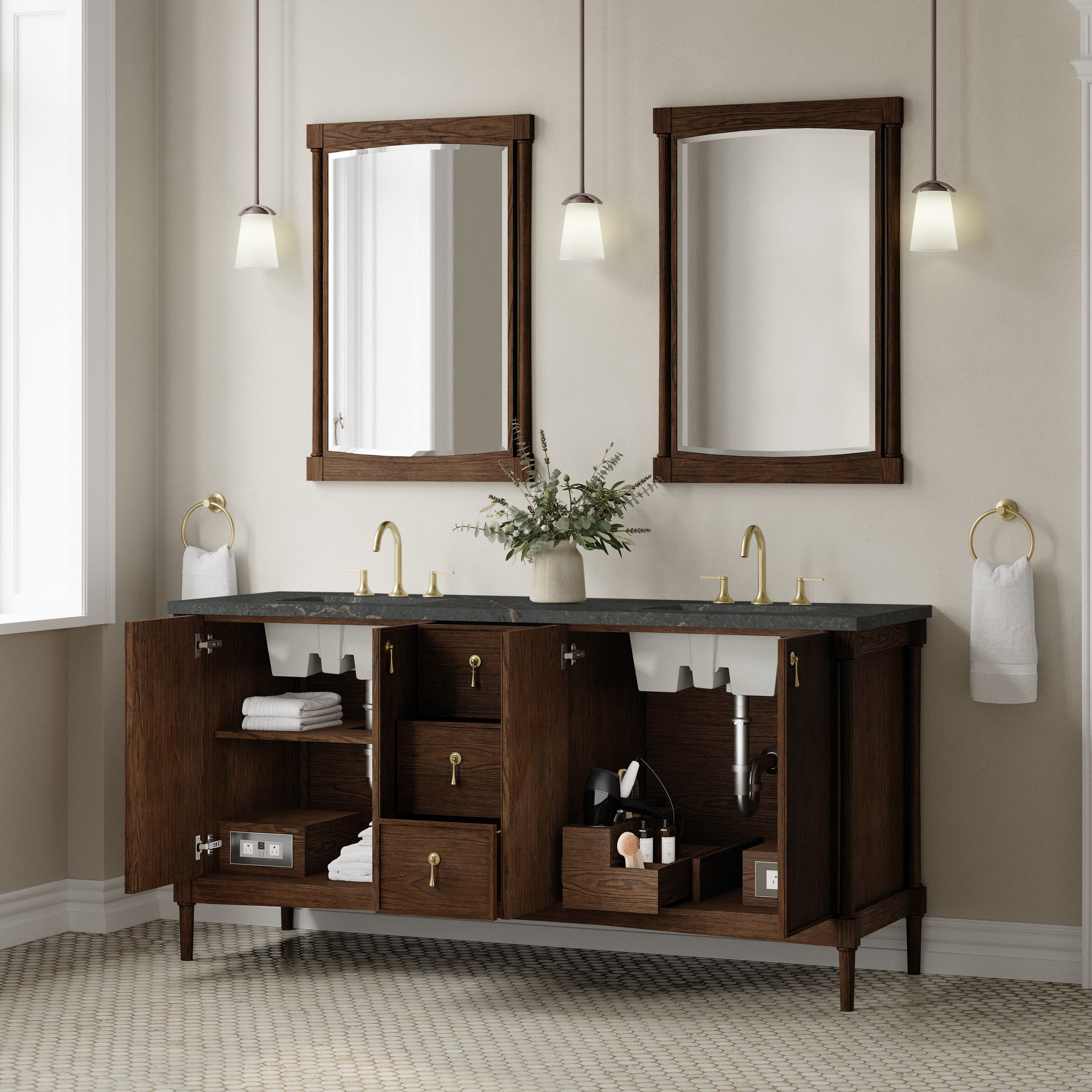 James Martin Kinnsden 72" Double Vanity in Sable Oak with 3cm Carrara Marble Top and FreePower Wireless Charger
