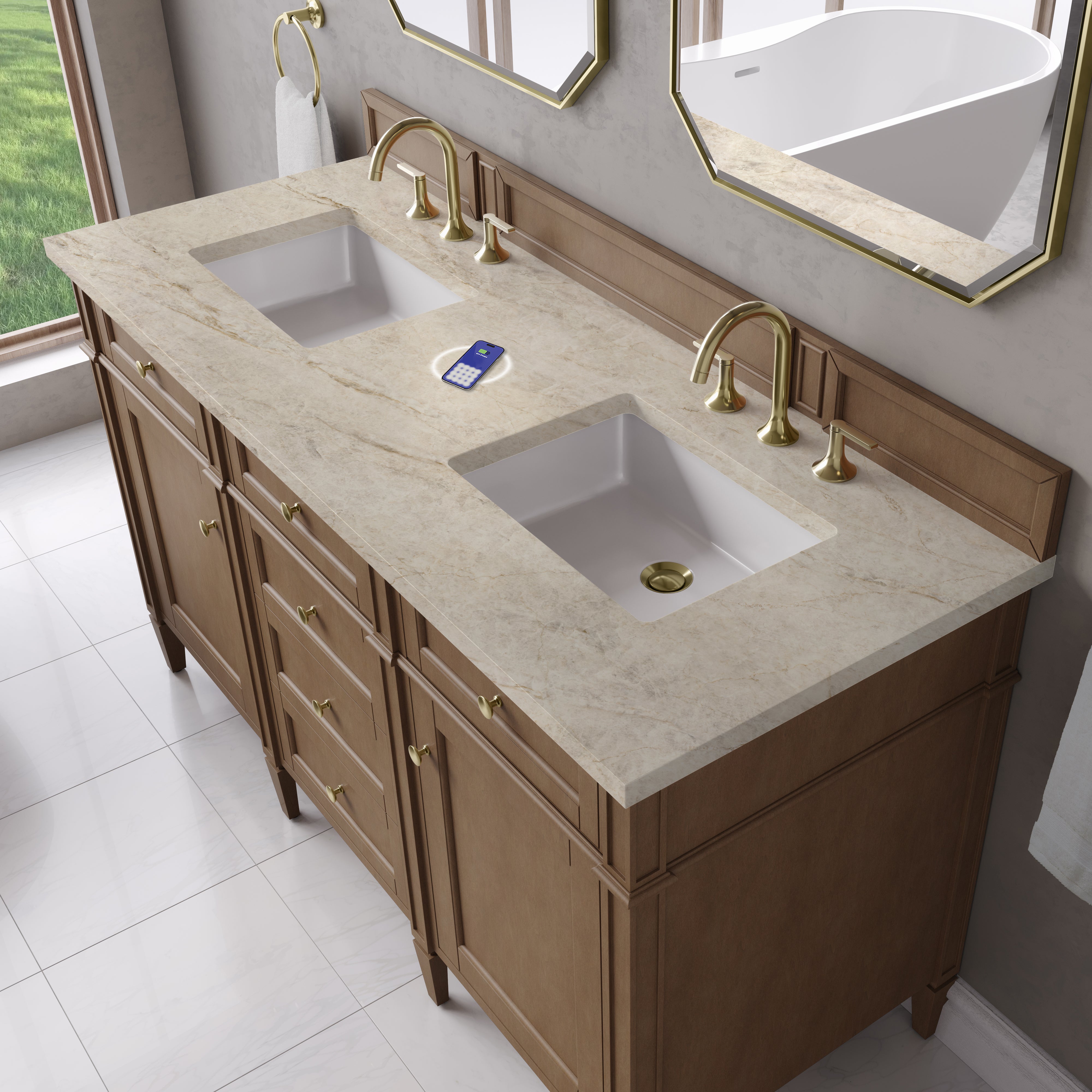 James Martin Brittany 60" Double Vanity in Pecan with 3cm Countertop and FreePower Wireless Charger