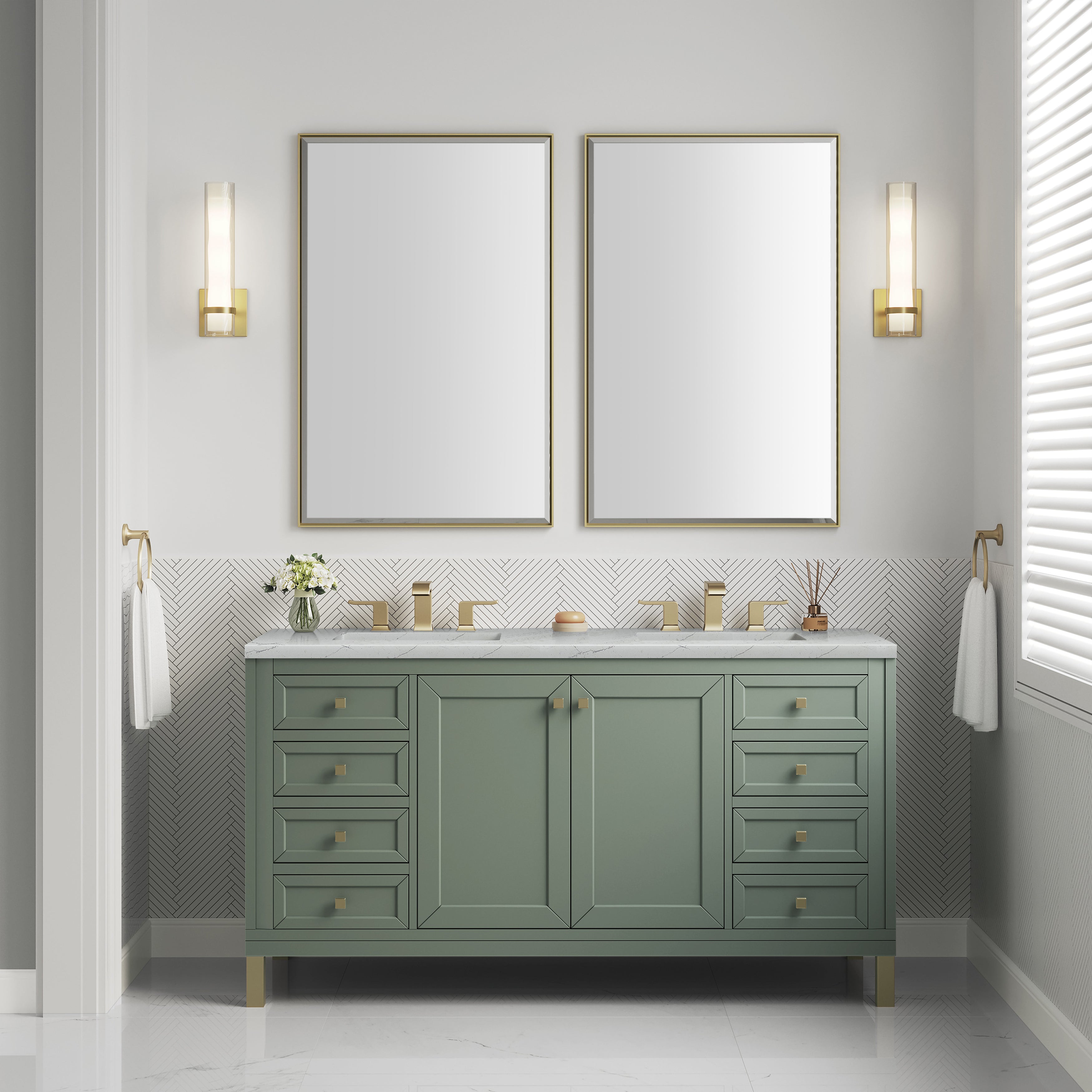 James Martin Chicago 60" Double Vanity in Smokey Celadon with 3cm Countertop and FreePower Wireless Charger