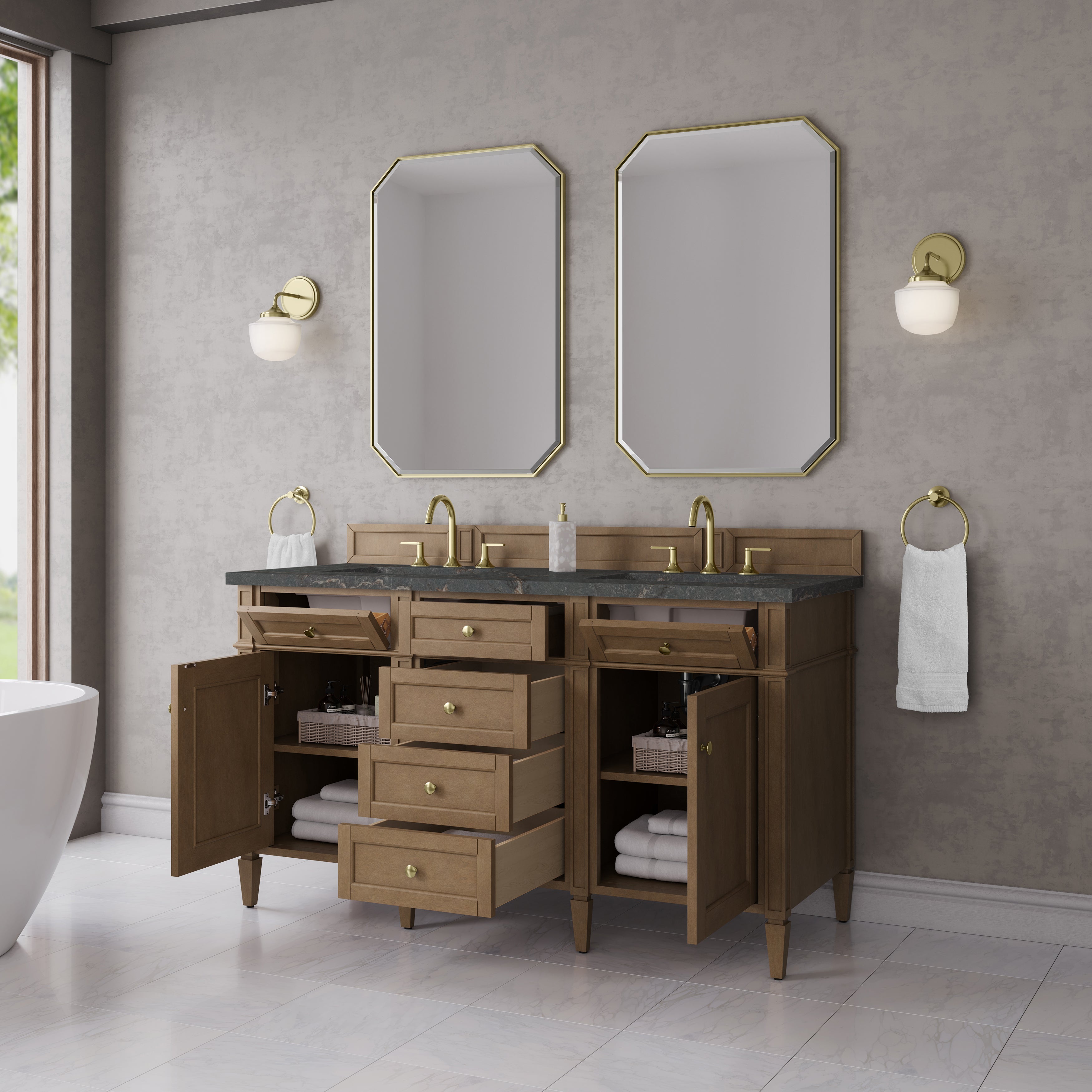 James Martin Brittany 60" Double Vanity in Pecan with 3cm Countertop and FreePower Wireless Charger